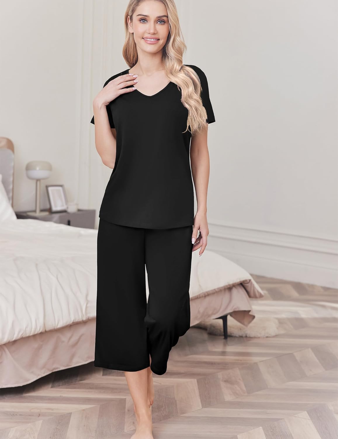 Ekouaer Womens Pajama Sets Soft Cotton Pj Short Sleeve Top with Capri Pants Sleepwear 2 Piece Print Loungewear,S-XXL - Image 2