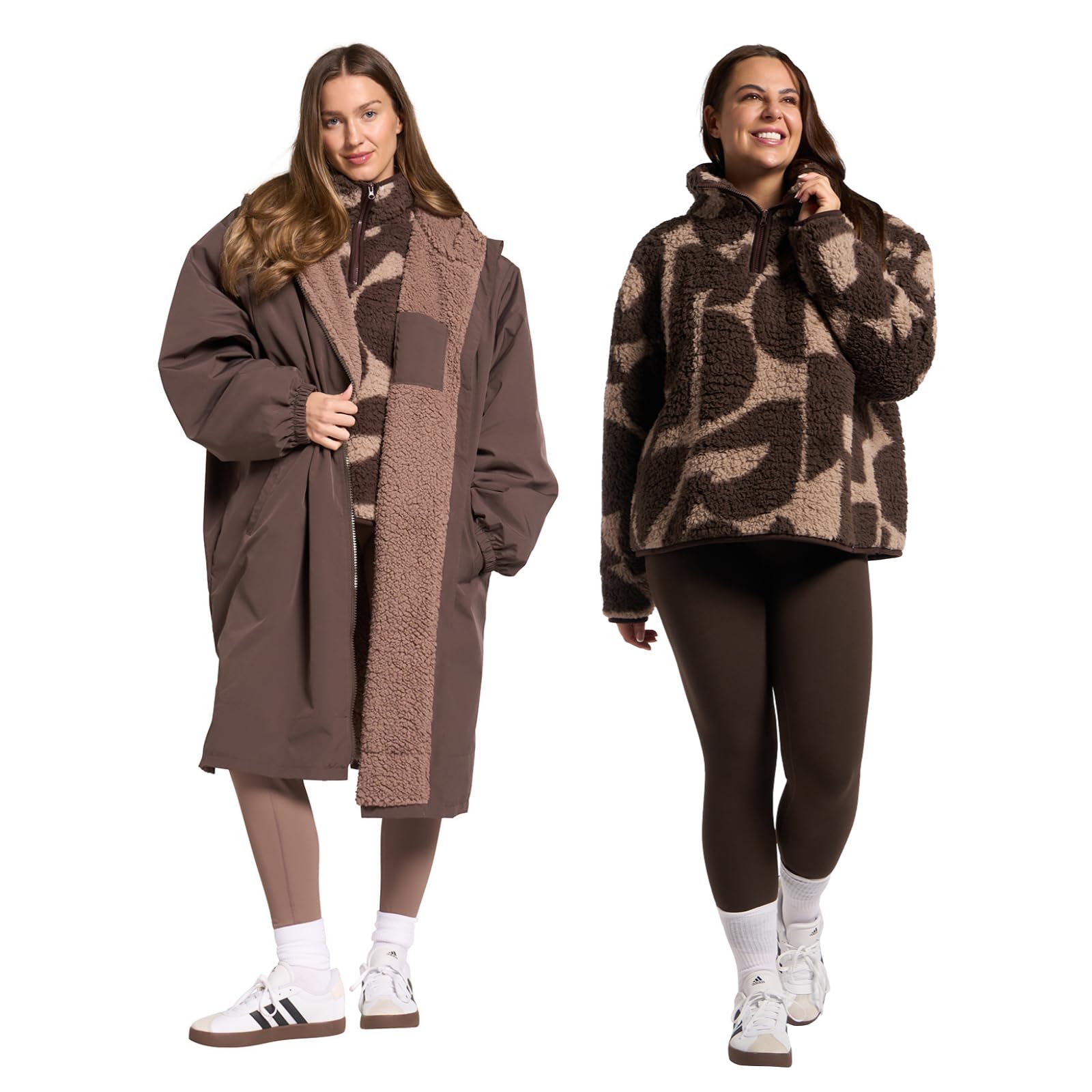 OHS Women's 2 Piece Changing Robe & Half-Zip Teddy Fleece Co-Ord Set - Brown - S/M