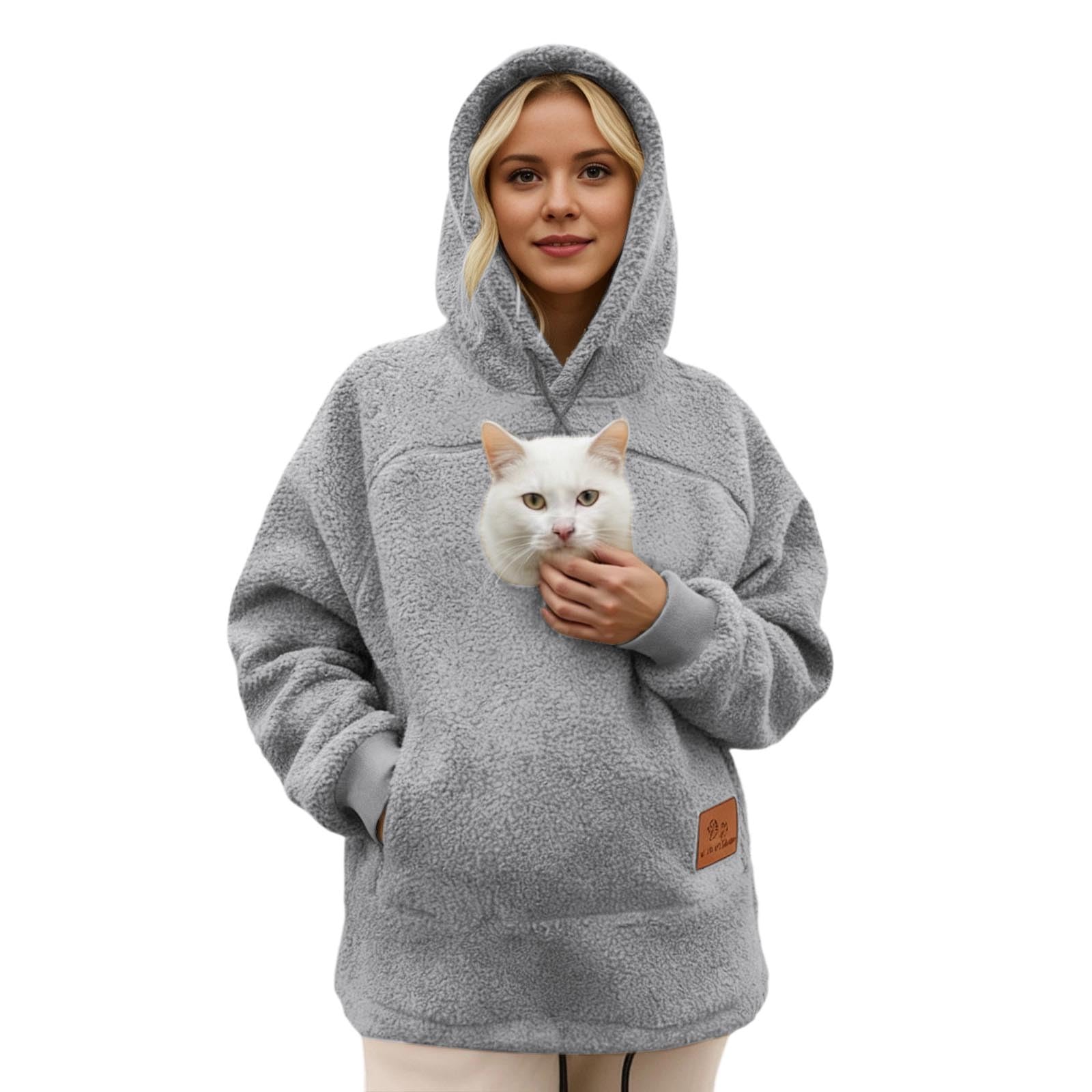 Weihnachts Sweatshirt Damen Hoodiemit Kapuze und Großer Kängurutasche Oversized Sweatshirt Frauen Hoodies mit Katzentasche Lustige Sweatshirts mit Kängurutasche Katzen- und Hunde-Tragetasche Pullover