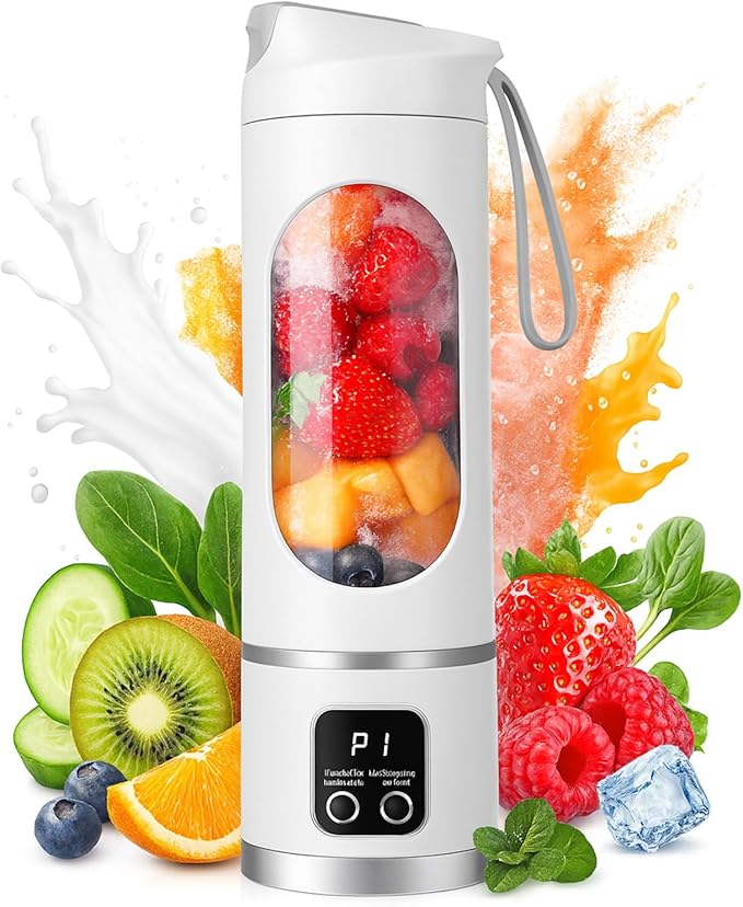 Digital Multimode Juicer Blender, 450ml Portable Blender Personal Electric-Smart LED Display Juicer,3 Speed12-Blade Fresh Juice Bottle, USB Rechargeable for Shakes and Smoothies,Fruit Juice (White)
