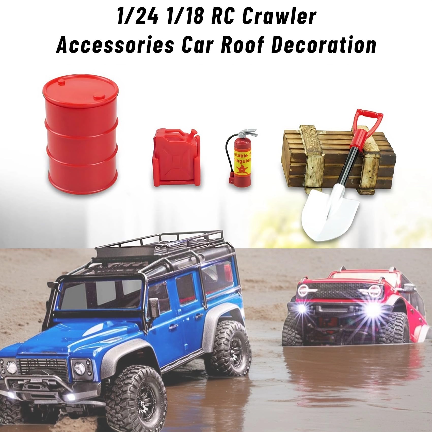 RC Crawler Car Decorazione per tetto 12 in 1, contenitore serbatoio, rete bagagli, pala, per Traxxas Desert Racer Slash Axial 1/18 TRX4M 1/24 SCX24