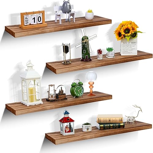 Vista 9 de Sasylvia 4 estantes flotantes extralargos para pared, estantes rústicos gruesos para decoración de pared, estantes colgantes de madera para Marrón