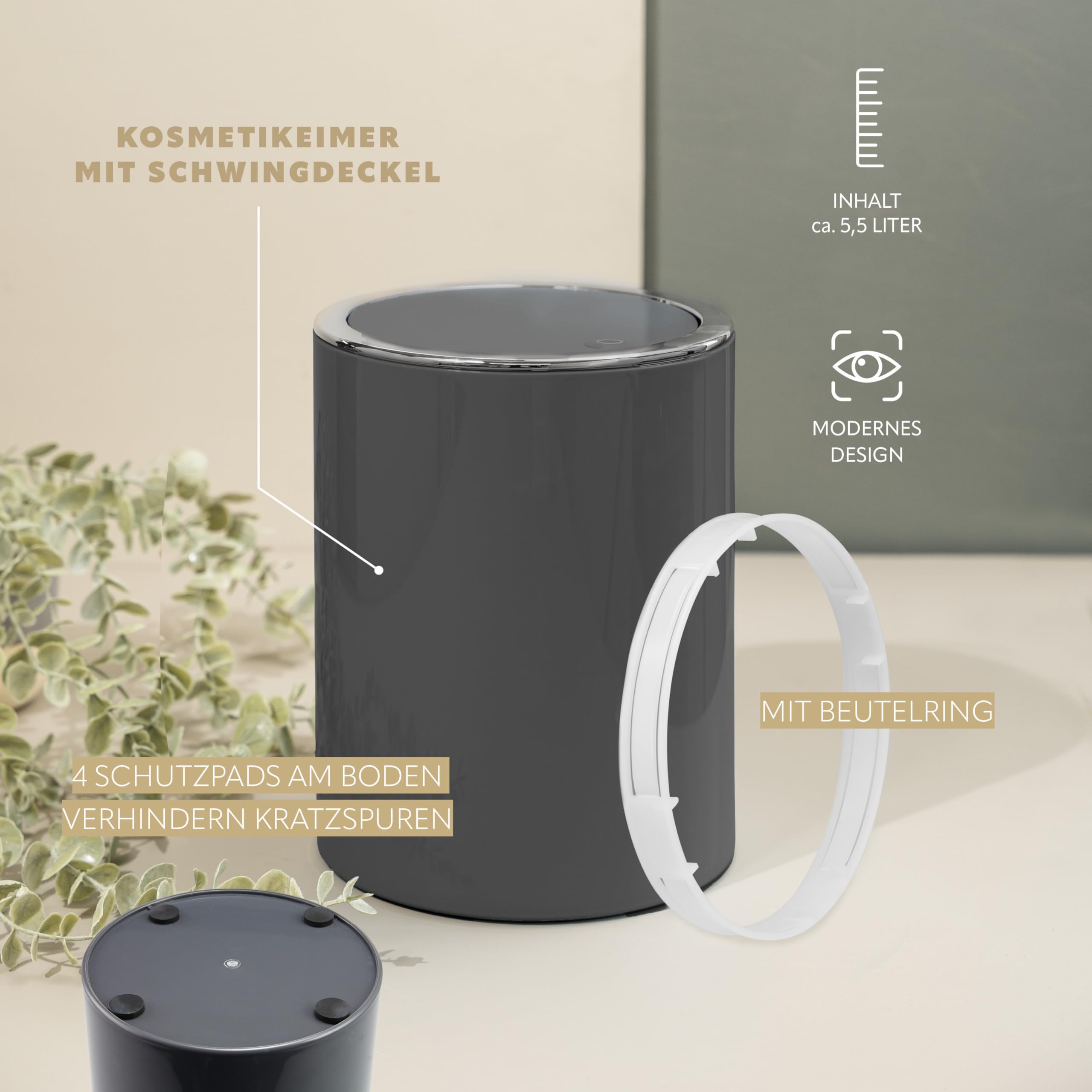 bremermann Bad-Serie Savona - Badezimmer Zubehör-Set 3tlg. bestehend aus 1x Kosmetikeimer 5,5 Liter, 1x Zahnputzbecher 1x Seifenschale, Badaccessoires aus Kunststoff, grau