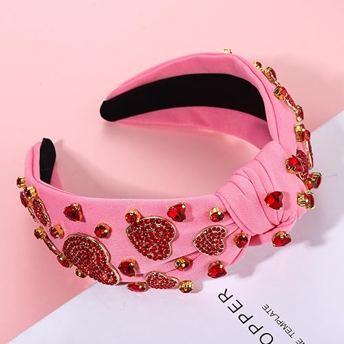 Miniatura 3 de Diadema para el día de San Valentín para mujer, con cuentas de diamantes de imitación, diadema anudada con corazón rojo y rosa, adorno de cristal,