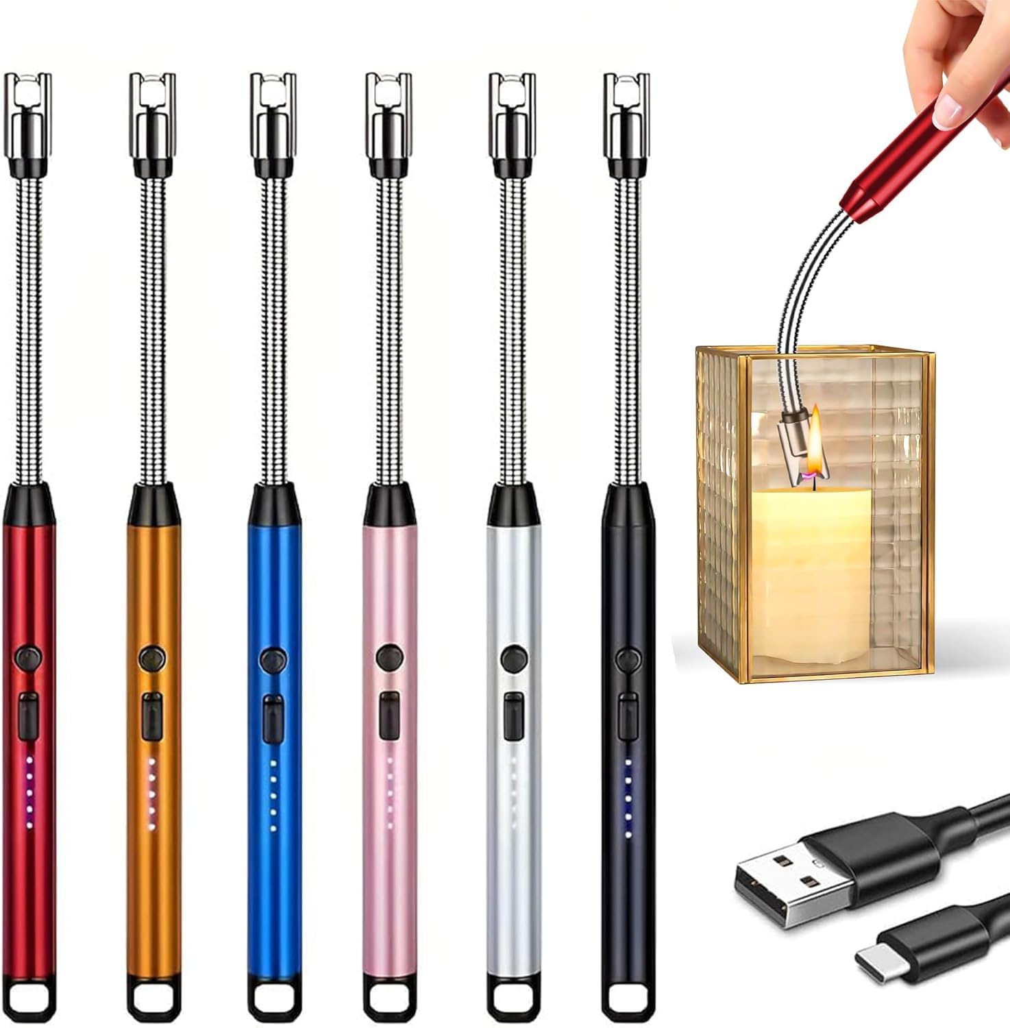 BML Electric Candle Lighter USB Rechargeable Windproof Arc Lighters with Flexible Neck Safety Lock and LED Indicator for Candles BBQ Kitchen Camping