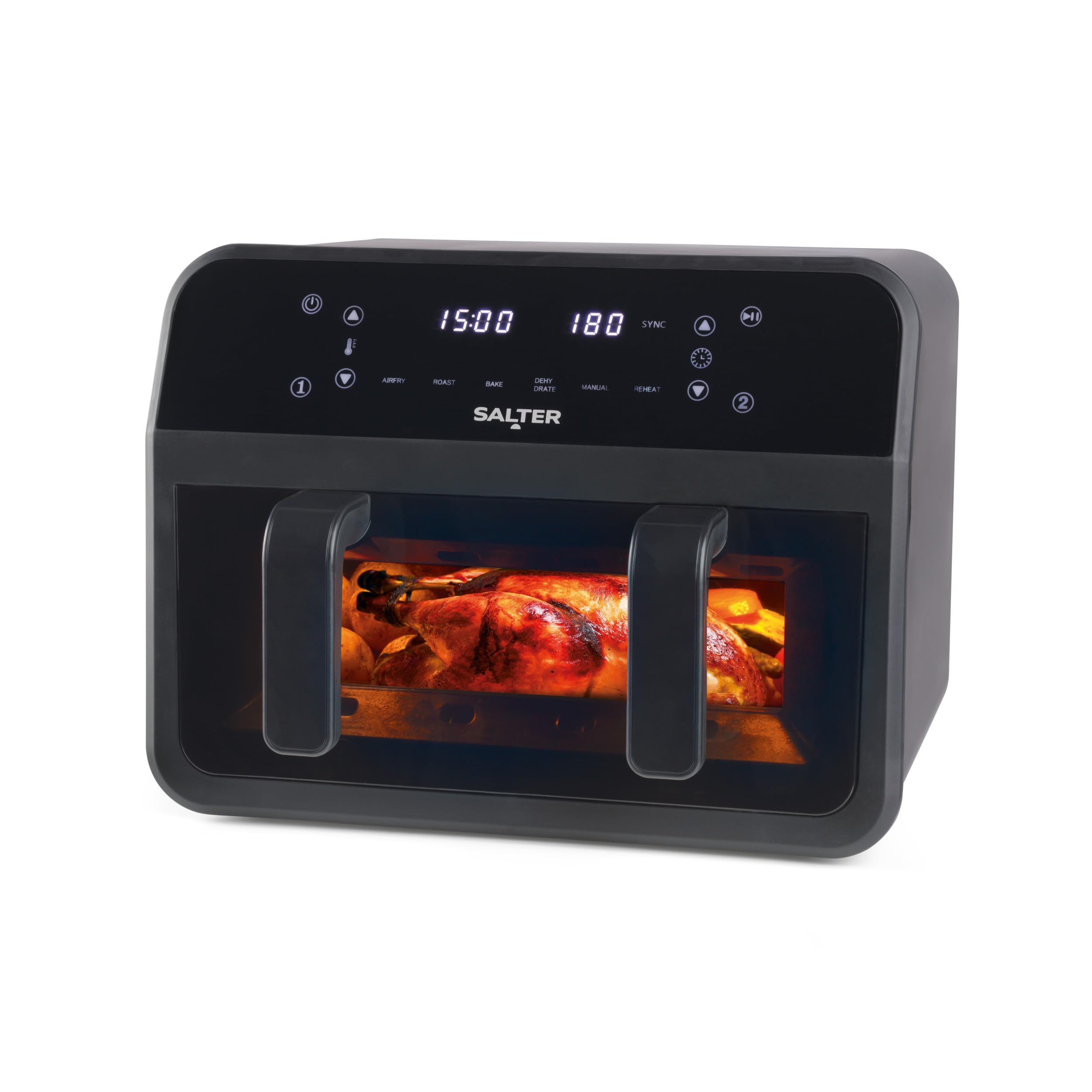 Salter Dual View Freidora de aire – Bandeja de cocción antiadherente de 7 L con divisor extraíble, gran capacidad de tamaño familiar, ventana de visualización, pantalla LED digital, 2300 W