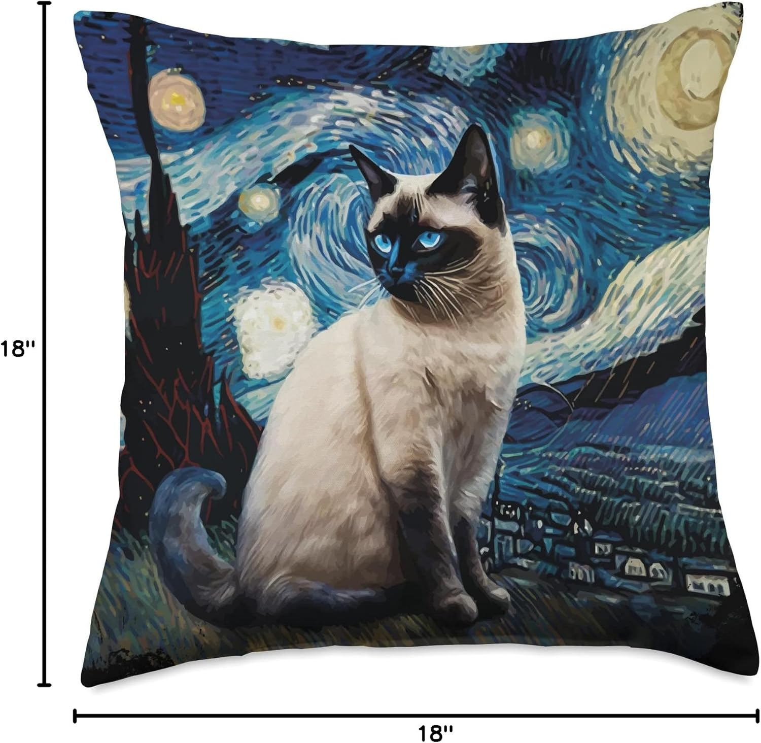 Cute Van Gogh Starry Night Cat Siamese Cat Lover Funny Throw Pillow