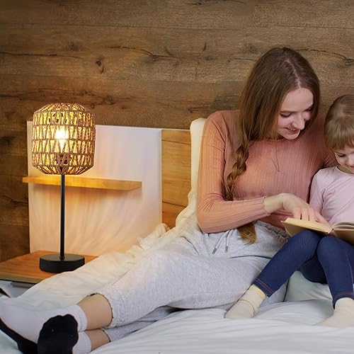 Miniatura 5 de N02 Rustic Rattan Table Lamp with Handmade Woven Shade, Dimmable Vintage Bedside Lamp Touch Control, Boho Farmhouse Nightstand Lamp with USB Port