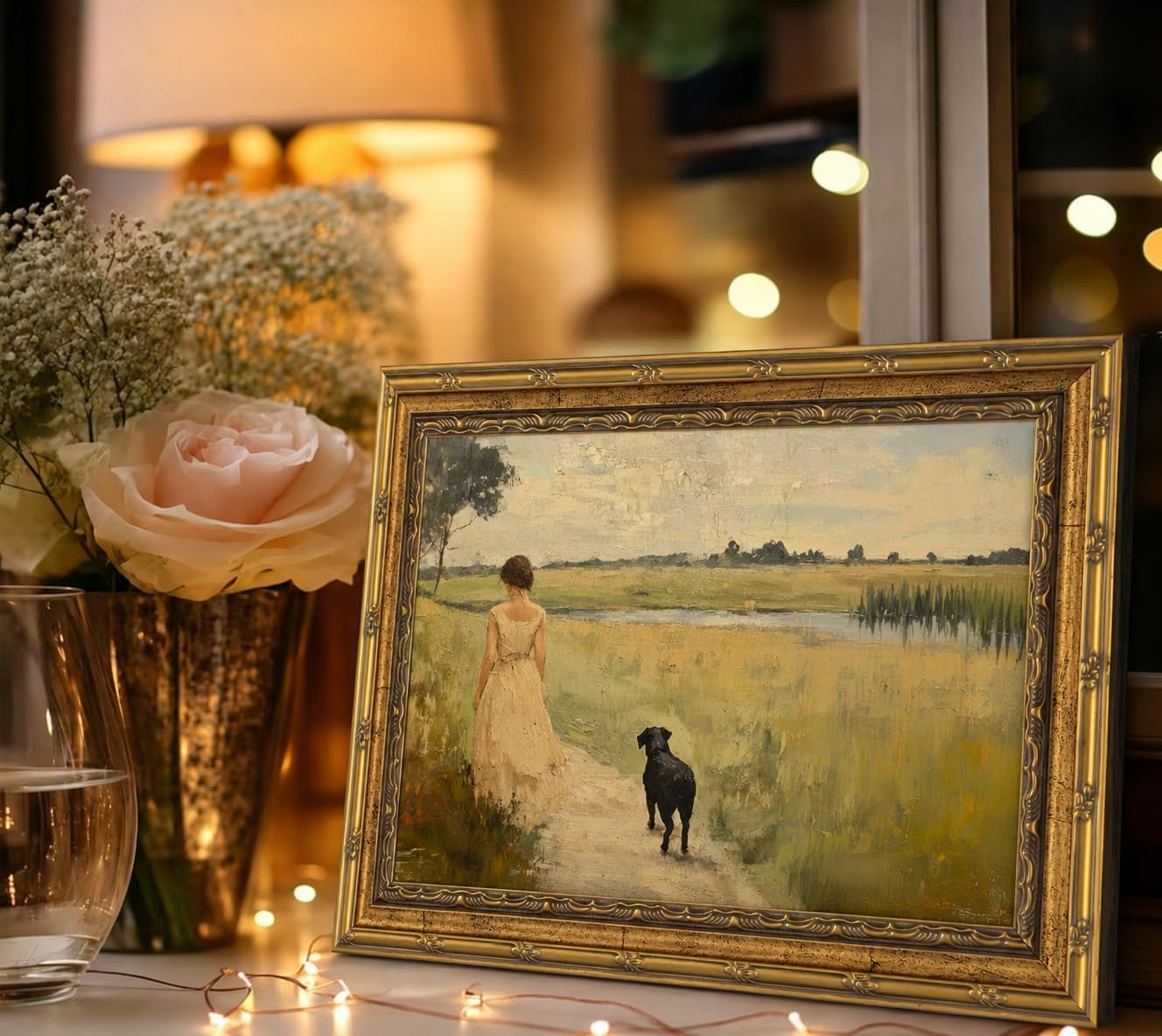 Vintage Dog Landscape Wall Art, Gold Framed Farmhouse Decor,16x24 inch image 2