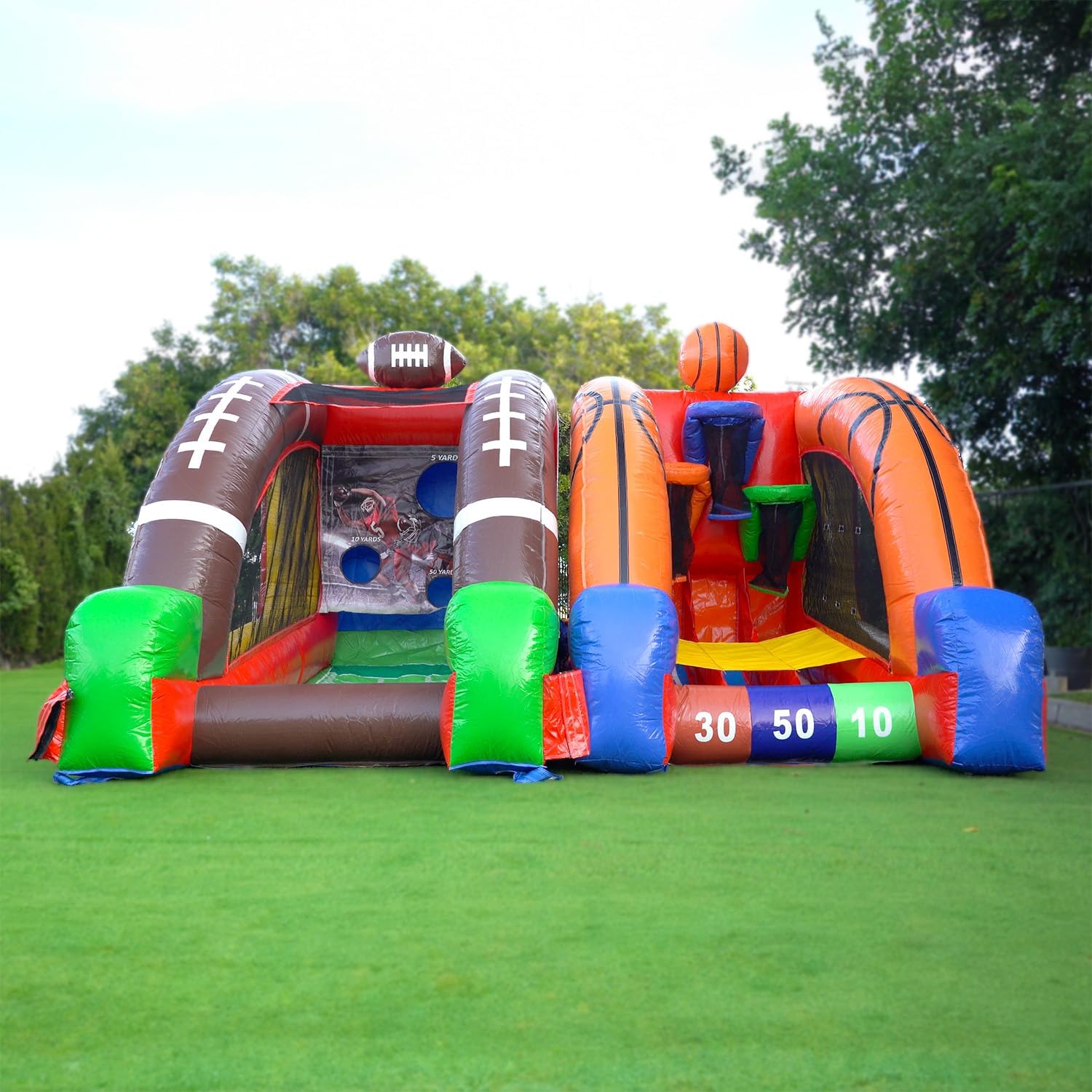 JumpOrange Inflatable Football Quarterback Challenge Game with Blower - 100% Commercial Grade PVC Vinyl , 3-Target Yardage Scoring Carnival Game , Portable Indoor/Outdoor Fun for Home & Rental Use