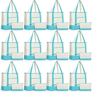 Sanwuta 24 Pcs 18'' Canvas Tote Bags Bulk with Makeup Bag, Teal | Canvas Bags with Pocket, Reusable Grocery Shopping Bags for Women Beach, Sublimation Blank Tote for DIY