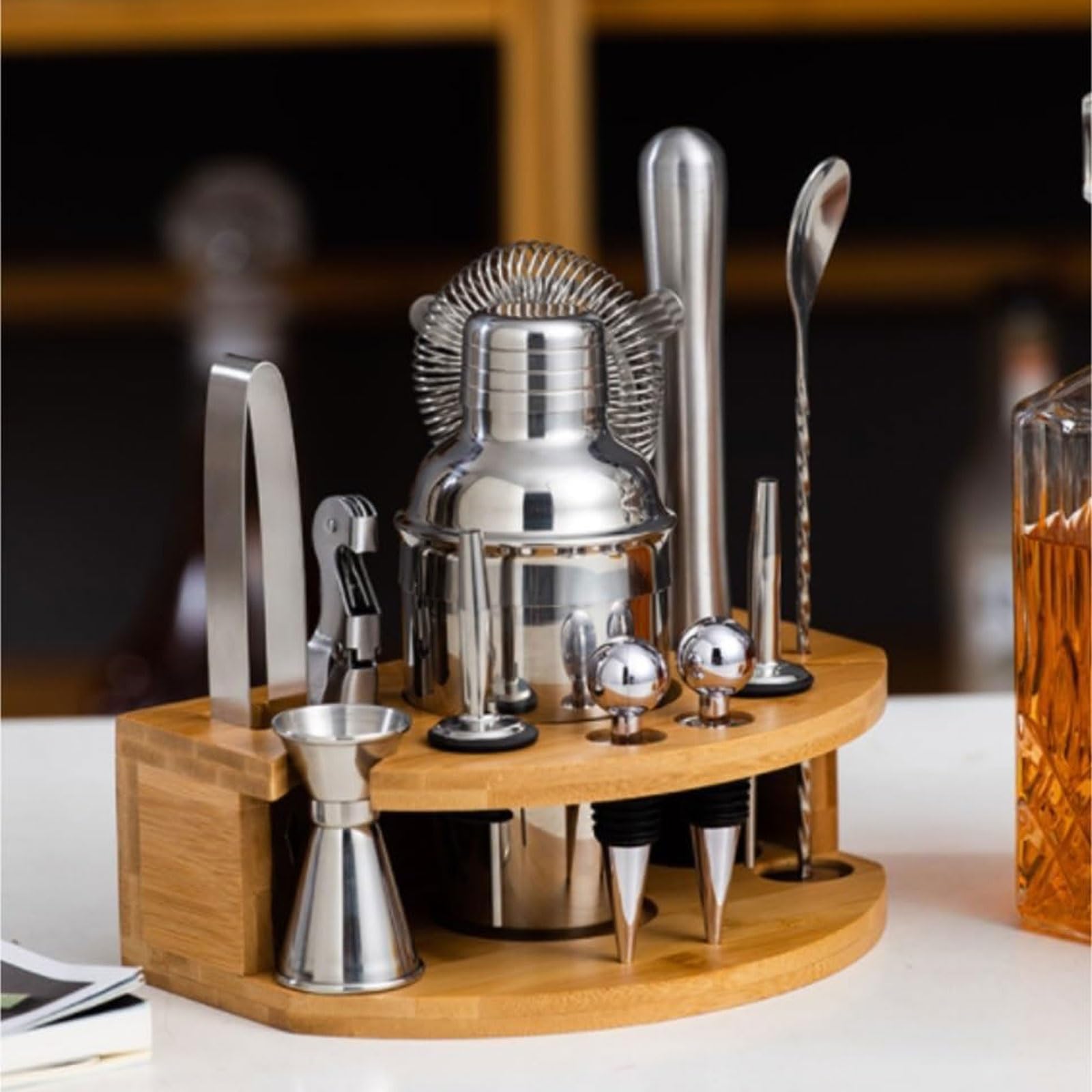 12-teiliges Cocktail-Set aus Edelstahl mit Bambusständer, Barkeeper-Shaker und Bar-Werkzeugset for Zuhause(750ml)