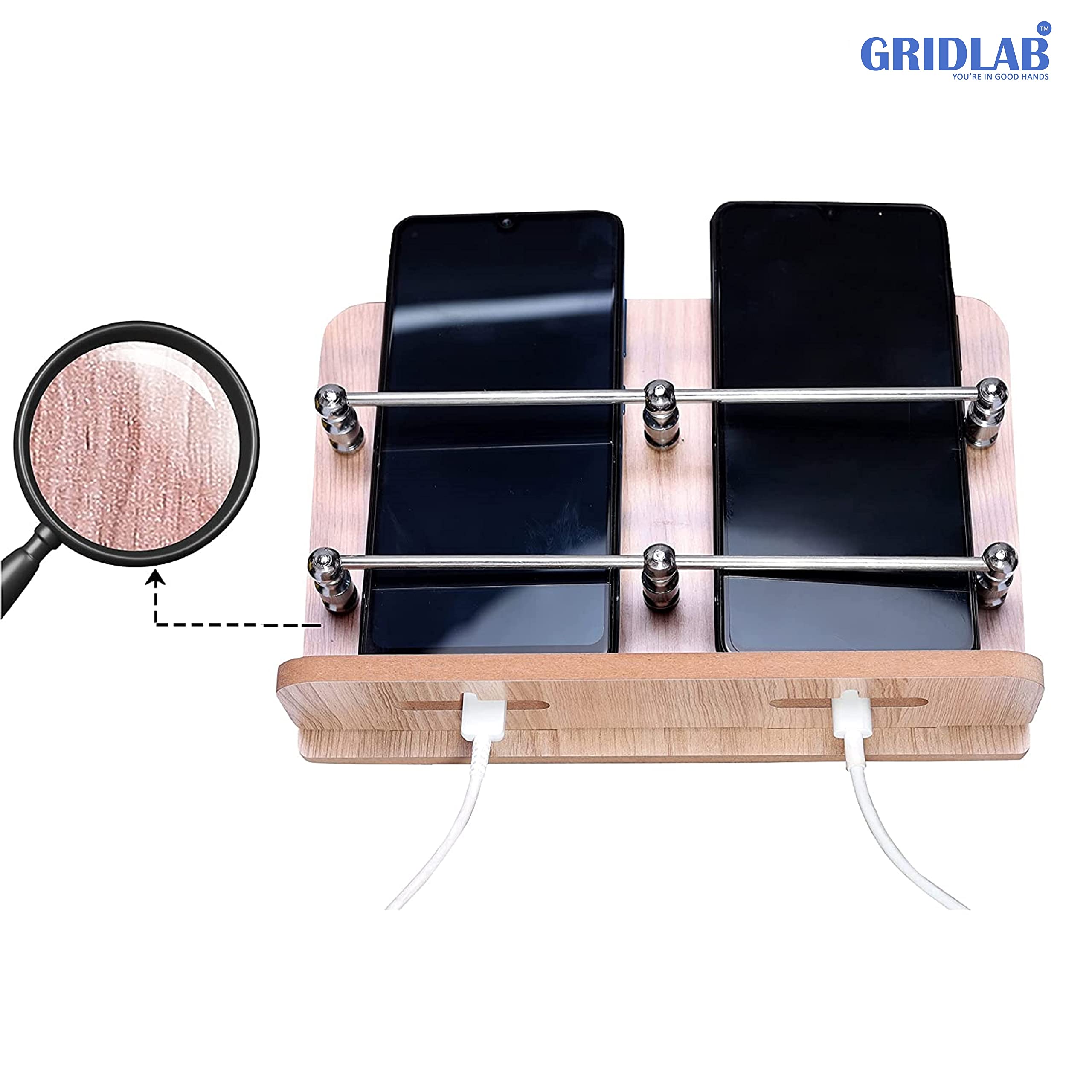GRIDLAB™ Wooden Double Mobile Holder Stand for Mobile Charging, TV & AC Remote Holding and Keys Hanging at Home, Office, Bedroom, Hotel Wall Mount (Wooden Double Mobile Stand) 2