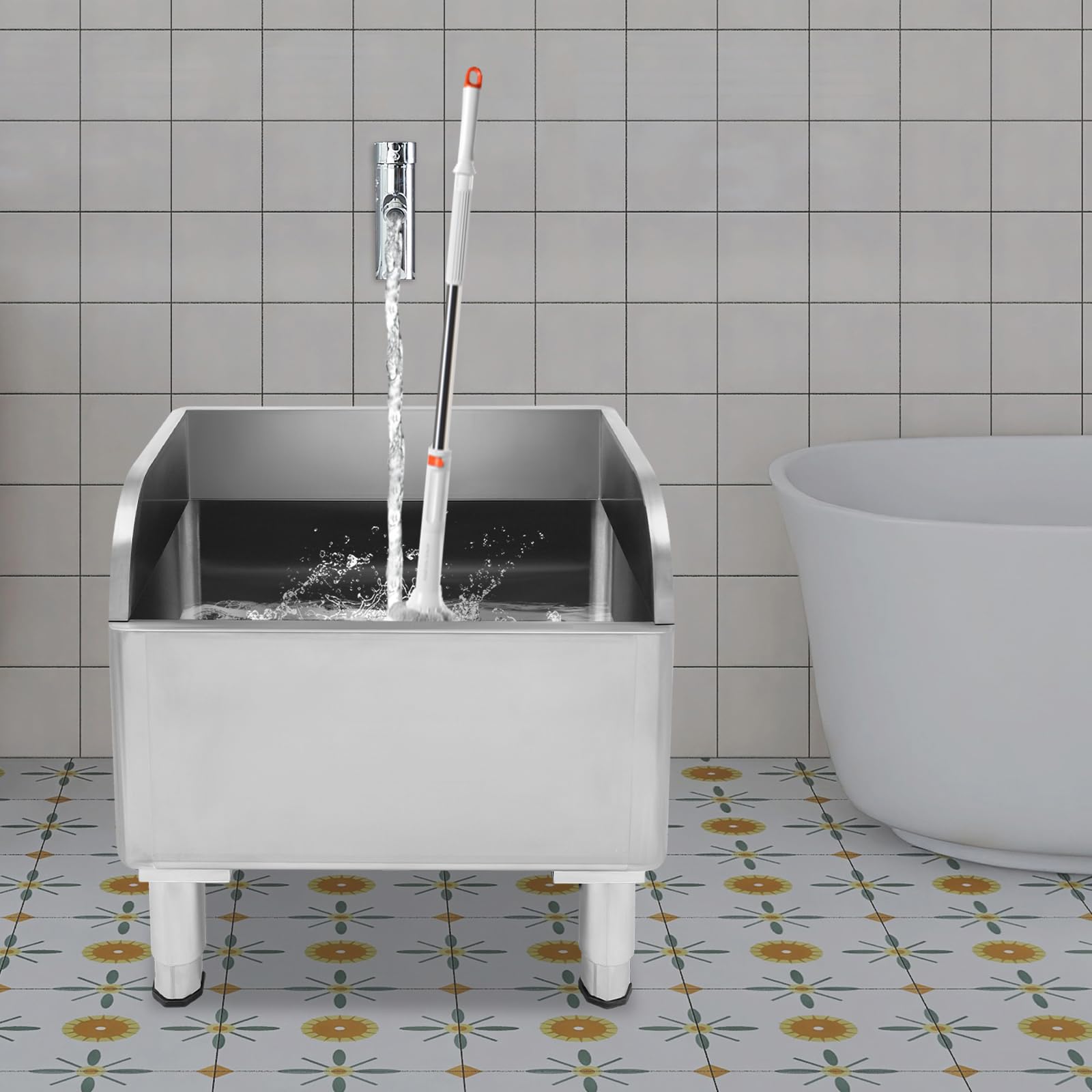 Stainless Steel Floor Mount Mop Sink/Basin Free Standing Single Bowl Utility Kitchen Mop Service Basin with Sink Drainer 23.6X16.1X21.7in