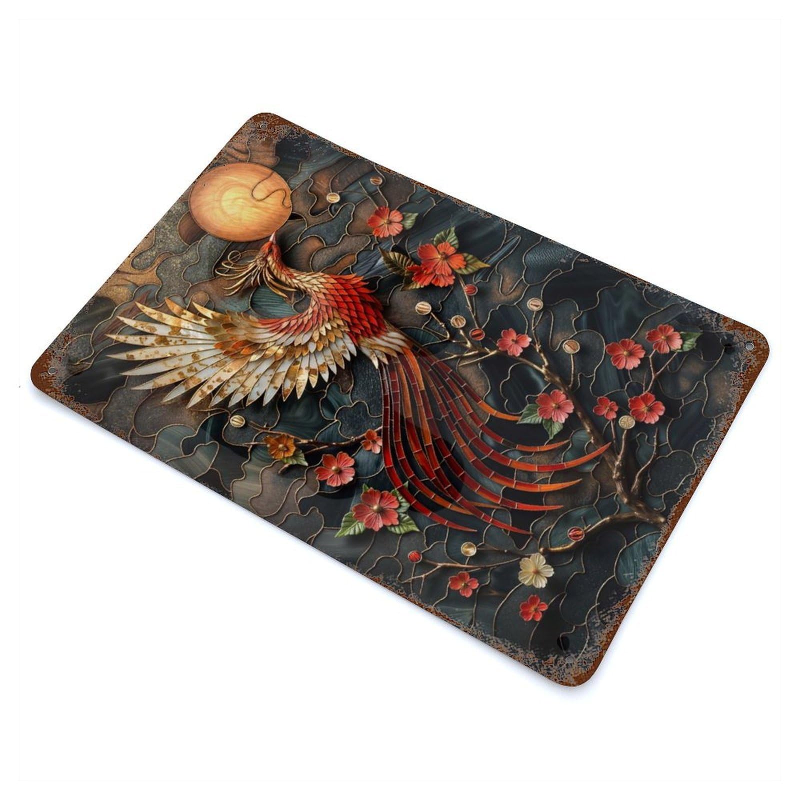 Garage Style Kintsugi Phoenix Rust Effect Tin Sign 11.8"x7.9", Industrial Home Decor for Bar And Workshop