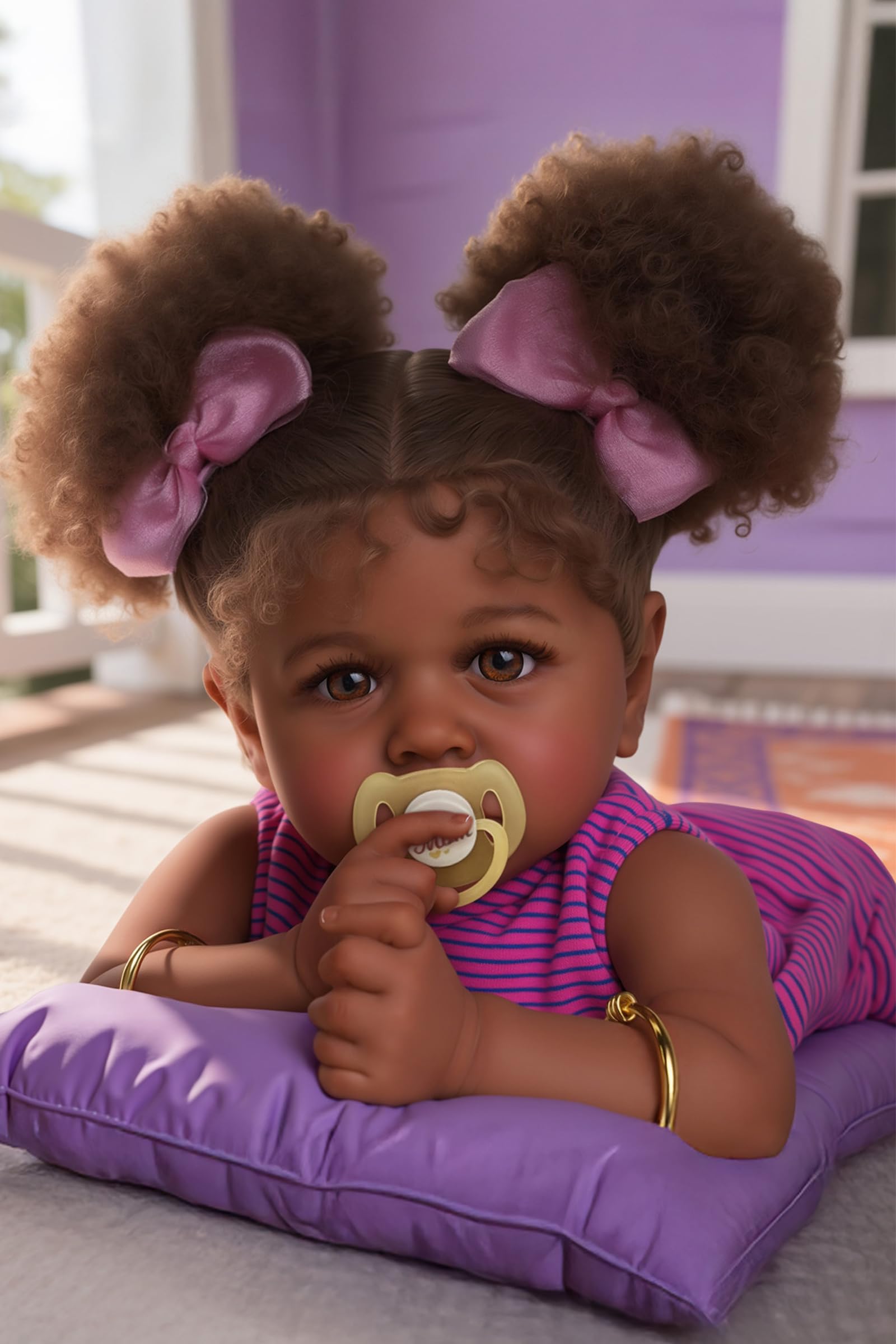 JIZHI Reborn Baby Dolls Black - 22 Inch Lifelike Soft Body Realistic-Newborn Baby Dolls Taupe Eyes Caramel Skin Tone Pink Striped Skirt Real Life and Toy Accessories Gift for Kids Age 3