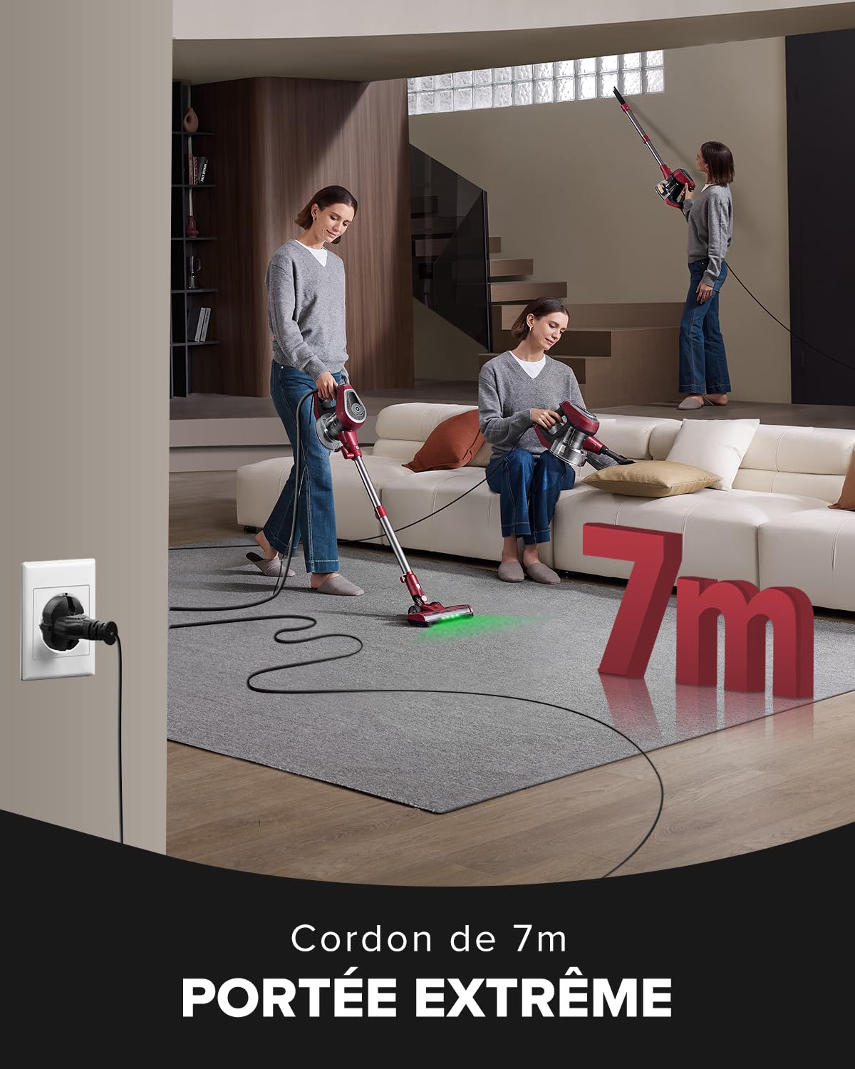 Vexilar C8 Aspirateur Balai avec Fil, 600W/60Kpa Aspirateur Balai Filaire Puissant, Câble de 7m, Brosse Anti-Emmêlement, Filtre HEPA, 1,5L, Aspirateur Léger pour Sols Durs, Tapis et Poils d’Animaux