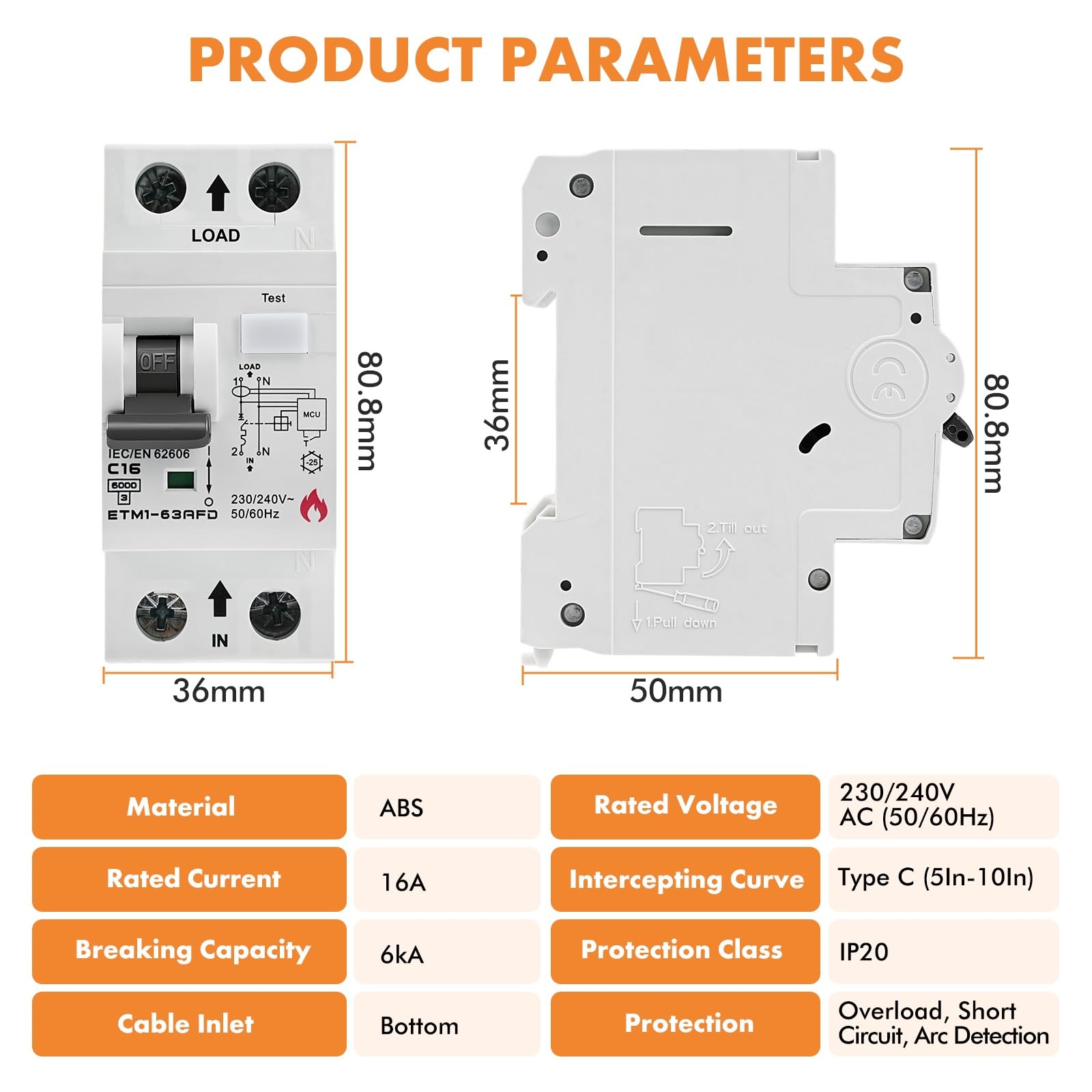 Jadeshay Disyuntor de Fallo de Arco,1P+N 16A 230/240V Disparo 5~10In Veces Intensidad Nominal AFDD Interruptor Detección de Fallo de Arco Automático con Protección contra Sobrecarga y Cortocircuito