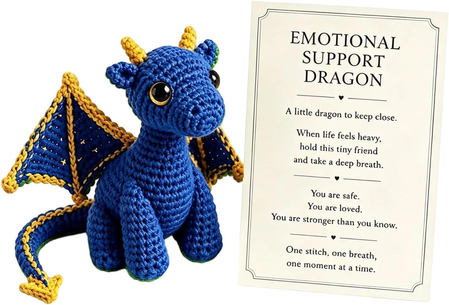 Emotional Support Dragon Pocket Buddy, Handmade Knitted Dragon Toy (Blue)