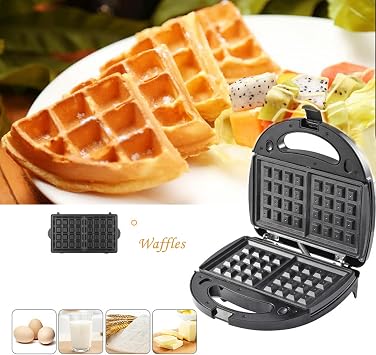 6-in-1 Waffle Iron, Panini Press Grill and Electric Sandwich Maker Set with Removable Non-Stick Plate, Ideal for Cooking Grilled Cheese, Tuna Melts, Burgers, Steaks and Snacks, Black