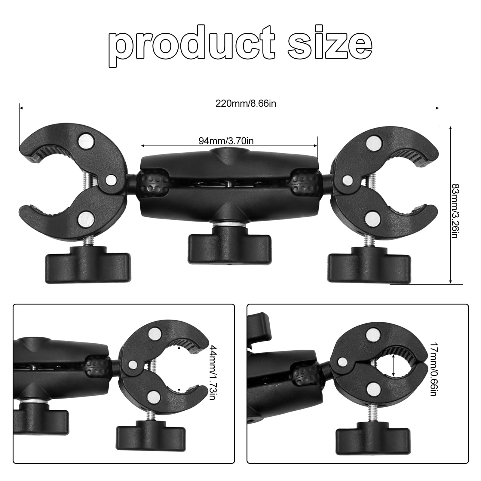 Morsetto Doppio Supporto Action Camera con Testa a Sfera Doppia a 360° Supporto Morsetto per Fotocamera per riflettore fotografico per manubrio di motociclette e biciclette