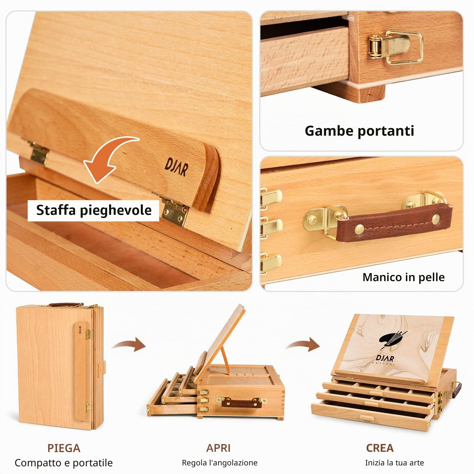 DJAR Cavalletto da tavolo per pittura con 3 cassetti portaoggetti, regolabile e portatile in legno di faggio, Sketchbox da scrivania, supporto per pittura artistica per adulti e studenti