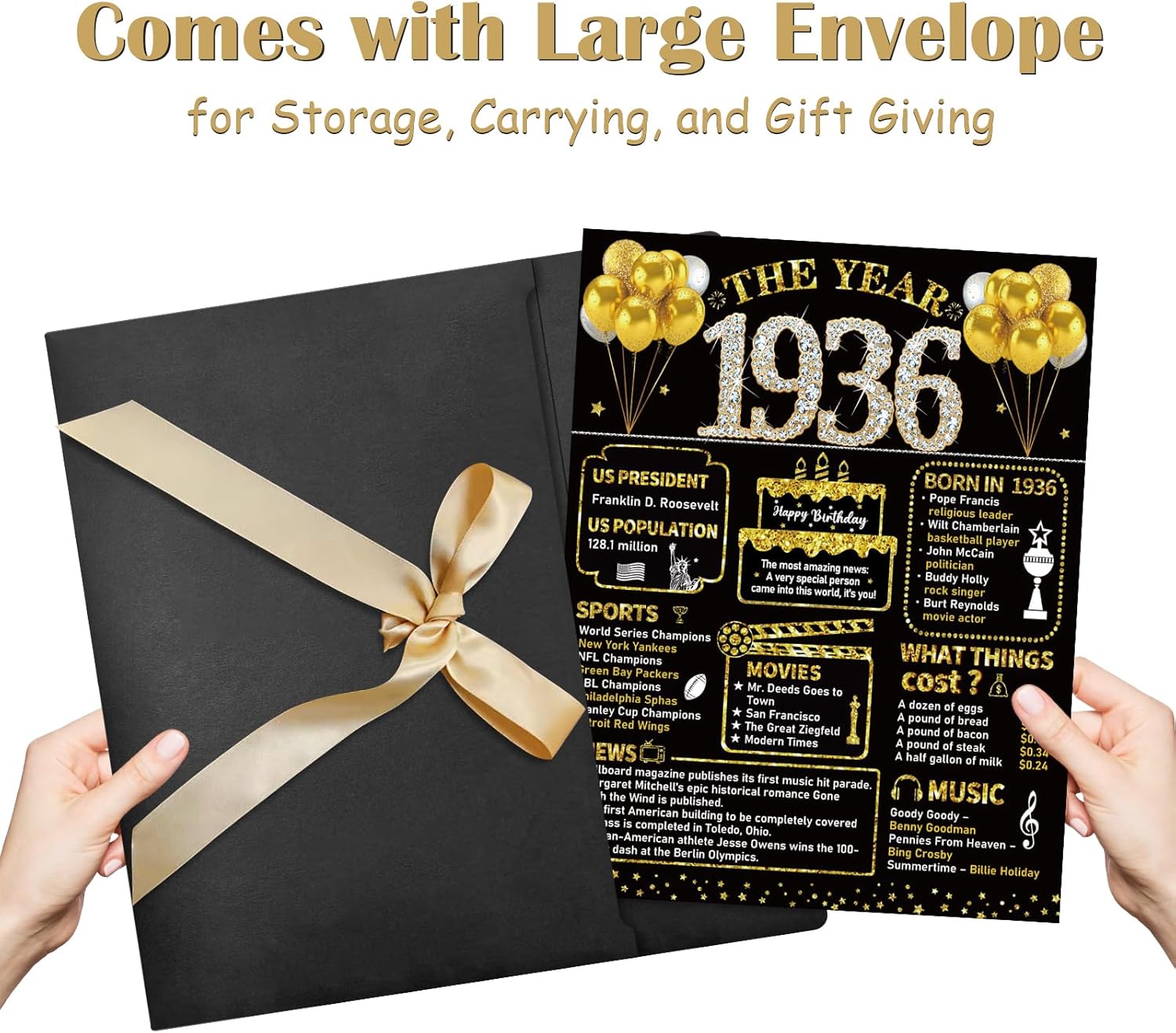 Large 90th Birthday Card With Envelope, Black Gold Happy 90th Birthday Giant Guest Book Gifts for Men Women, Giant Ninety Bday Card Gifts Party Supplies, The Year 1936 Jumbo 90 Bday Card - Image 4