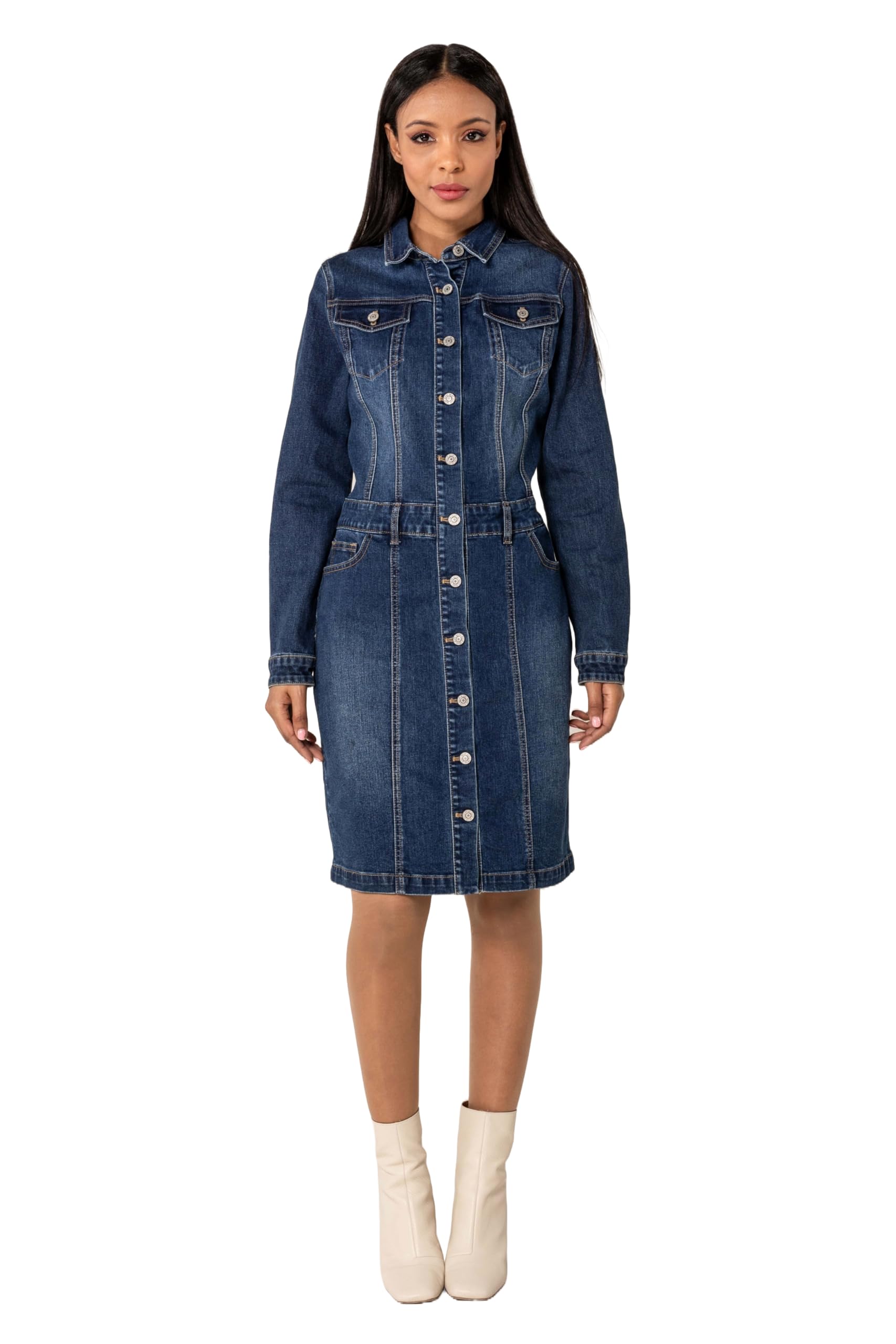 Nina Carter S538 Damen Jeanskleid mit Knöpfen Langärmlig Denim Kleid Stretch Knielang Blusenkleid Used-Look