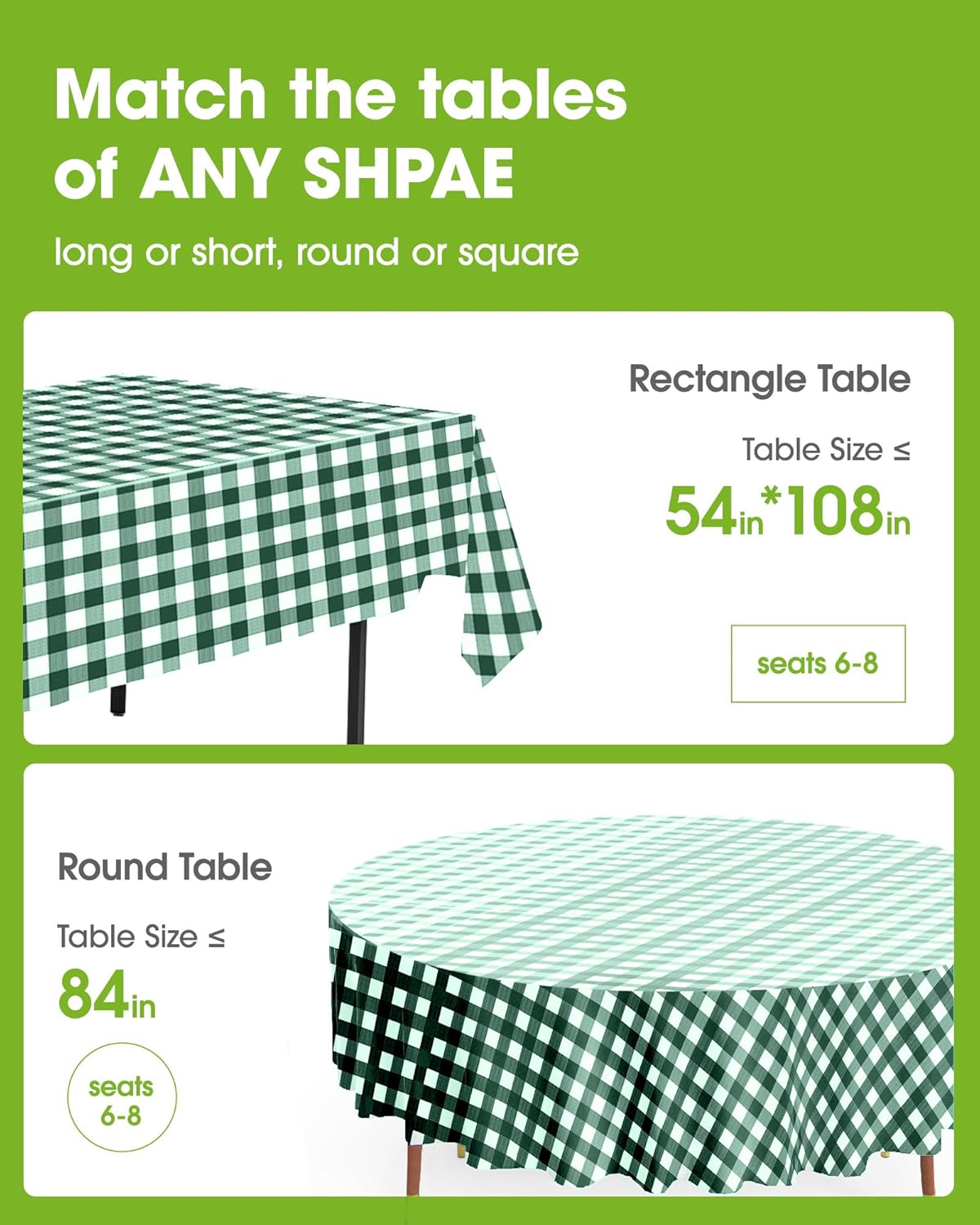 Pureegg Plastic Table Cloth Disposable 8 Pack, 54 x 108 Inch Table Cloths, Easter Party, Picnic, Wedding, Decorative Tablecloths, Rectangle, Baby Blue Plastic Cover, Leakproof & Sturdy, Green Plaid Green Plaid 54" X 108" Rectangle