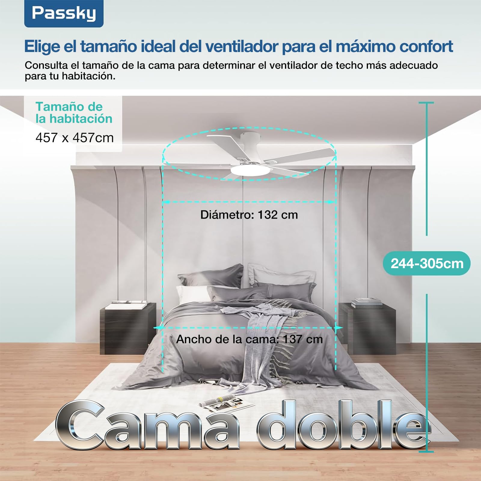Passky Ventilador de Techo con Luz LED Mando 132cm Silencioso Blanco | 5 Aspas Doble Face Temporizador Motor DC 3 Luces Regulables 6 Velocidades Reversible Verano Invierno Int/Ext Salón Dormitorio