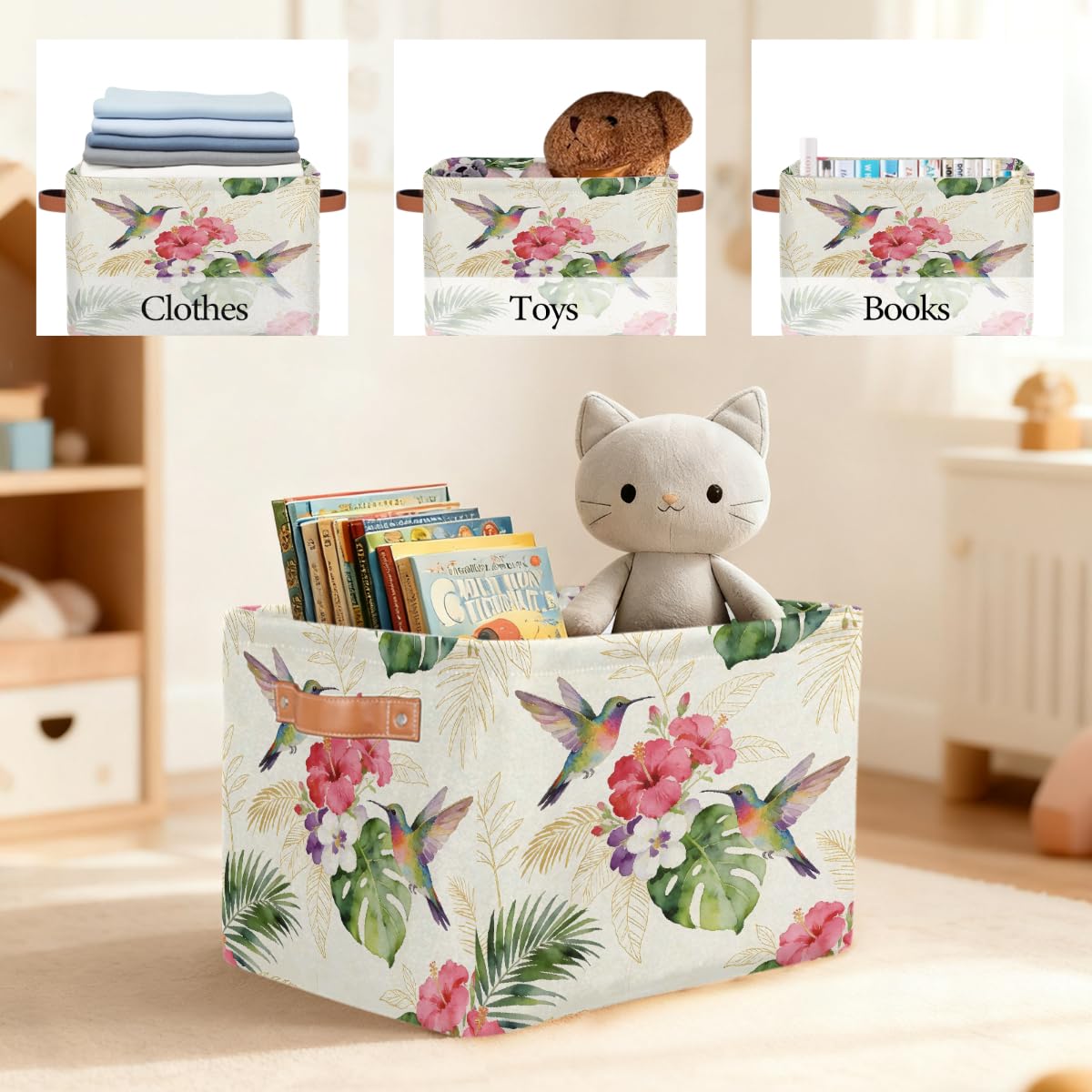 Rechteckiger Aufbewahrungskorb für den Sommer, Kolibri, Hibiskus, mit Ledergriffen, 2 Stück, faltbarer Stoff-Aufbewahrungskorb für Schrank, Badezimmer, Wohnzimmer, Büro, Spielzeug, Organizer