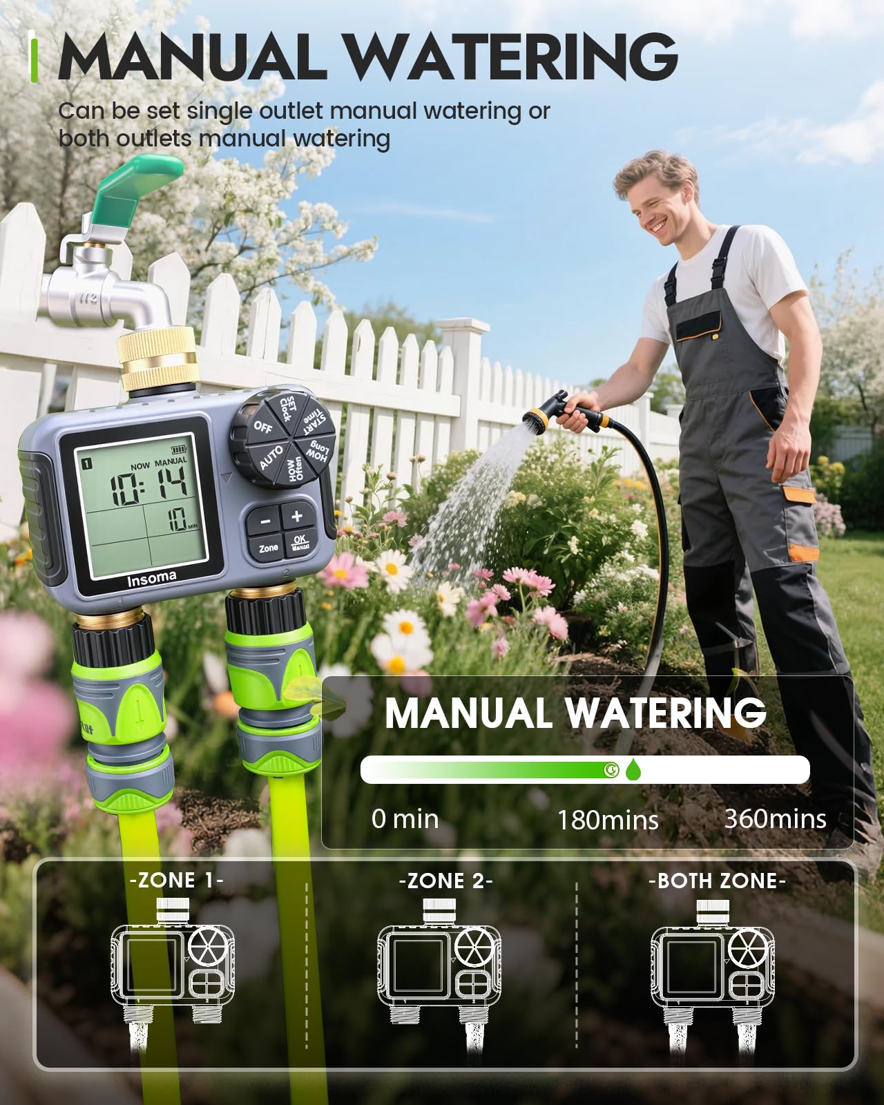 Insoma Timer irrigatore a 2 zone con ingresso e uscita in ottone, timer dell'acqua per tubo da giardino con modalità auto/manuale/ritardo pioggia, grande display LCD, timer per tubo flessibile di
