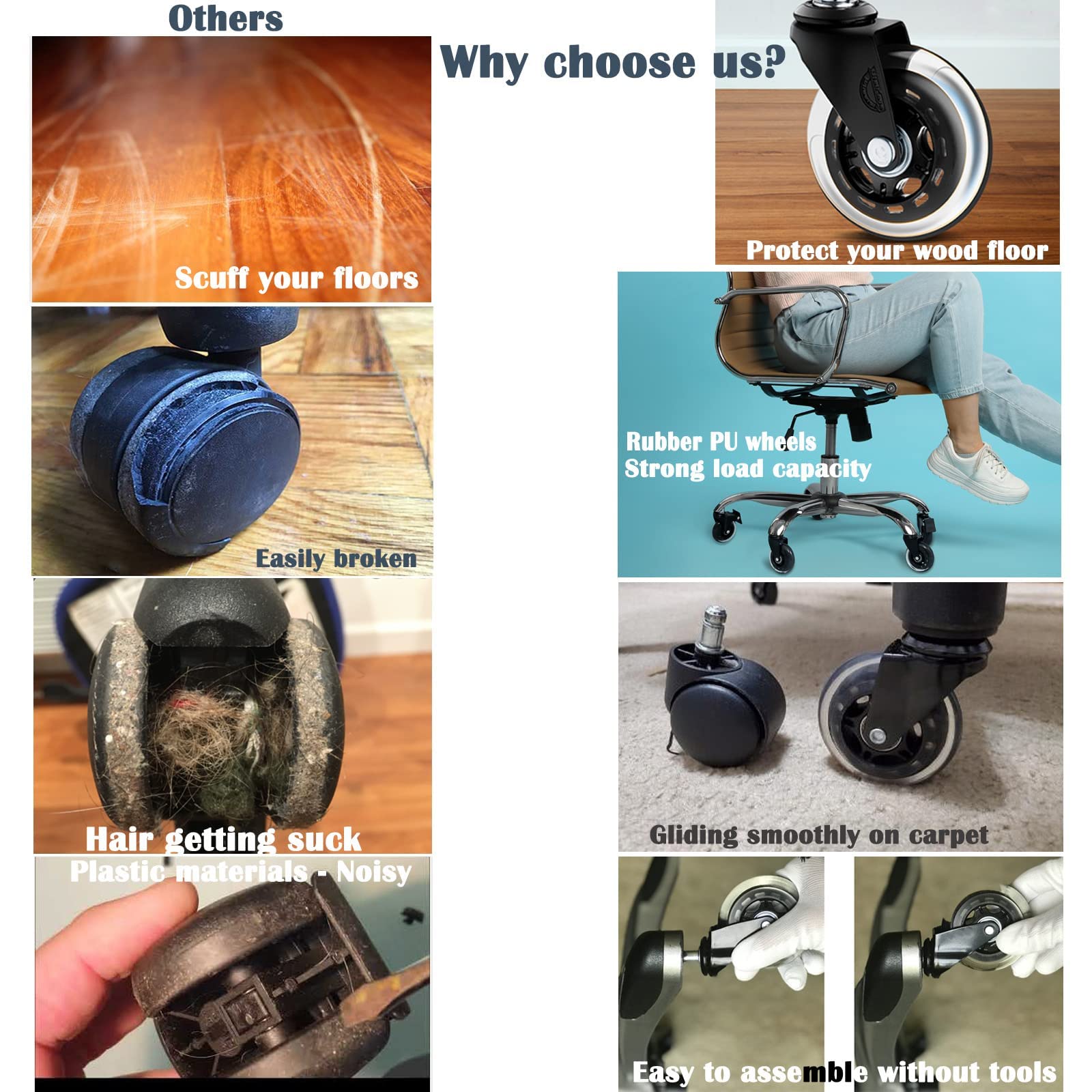 LINKTOR Office Chair Castors Wheel Replacement 22 Mm Universal Stem Size Set Of 5