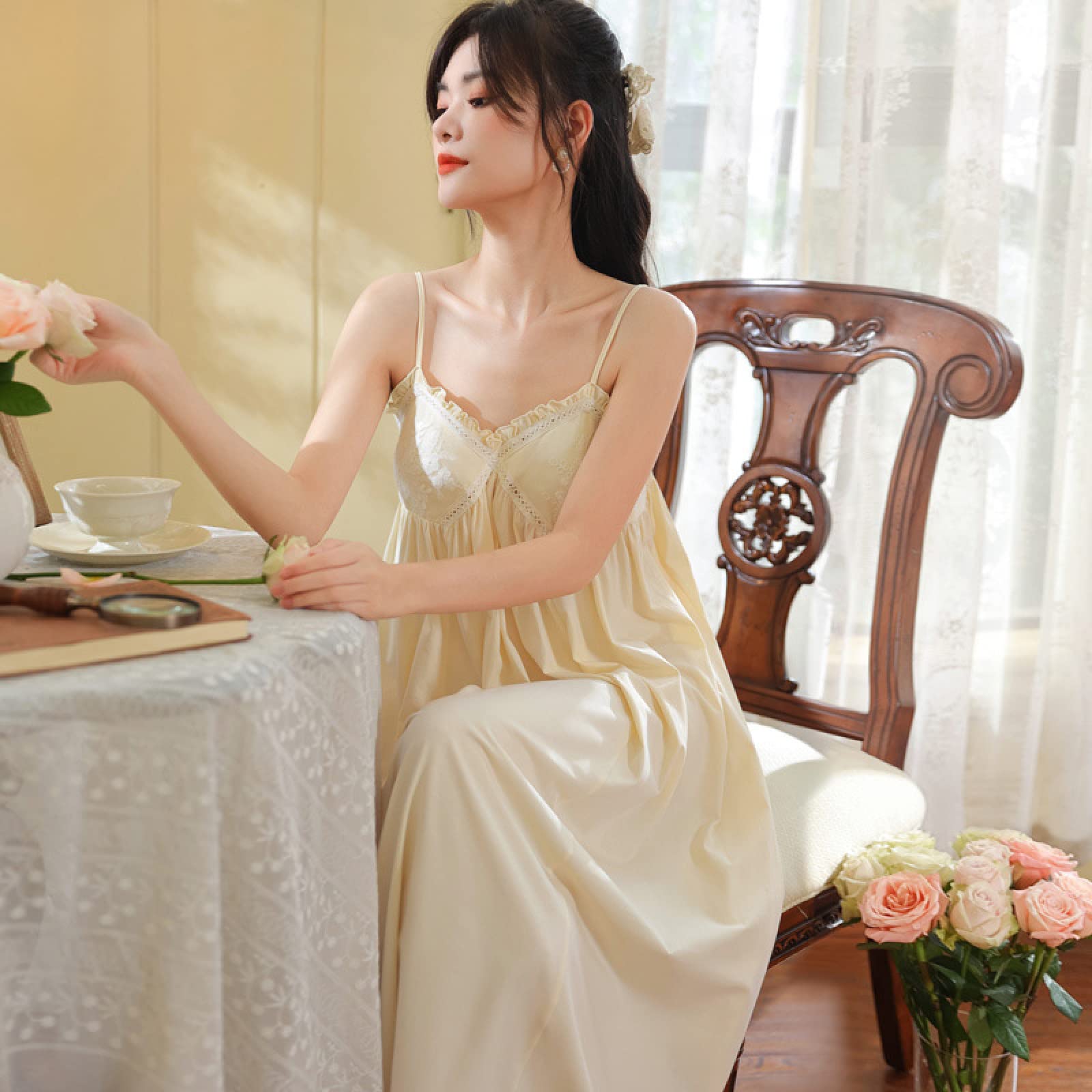 OFFSUM Camisón Elegante De Princesa Sin Mangas con Tirantes De Color Sólido Camisón De Verano De Algodón con Encaje Sexy Almohadilla para El Pecho Ropa De Dormir