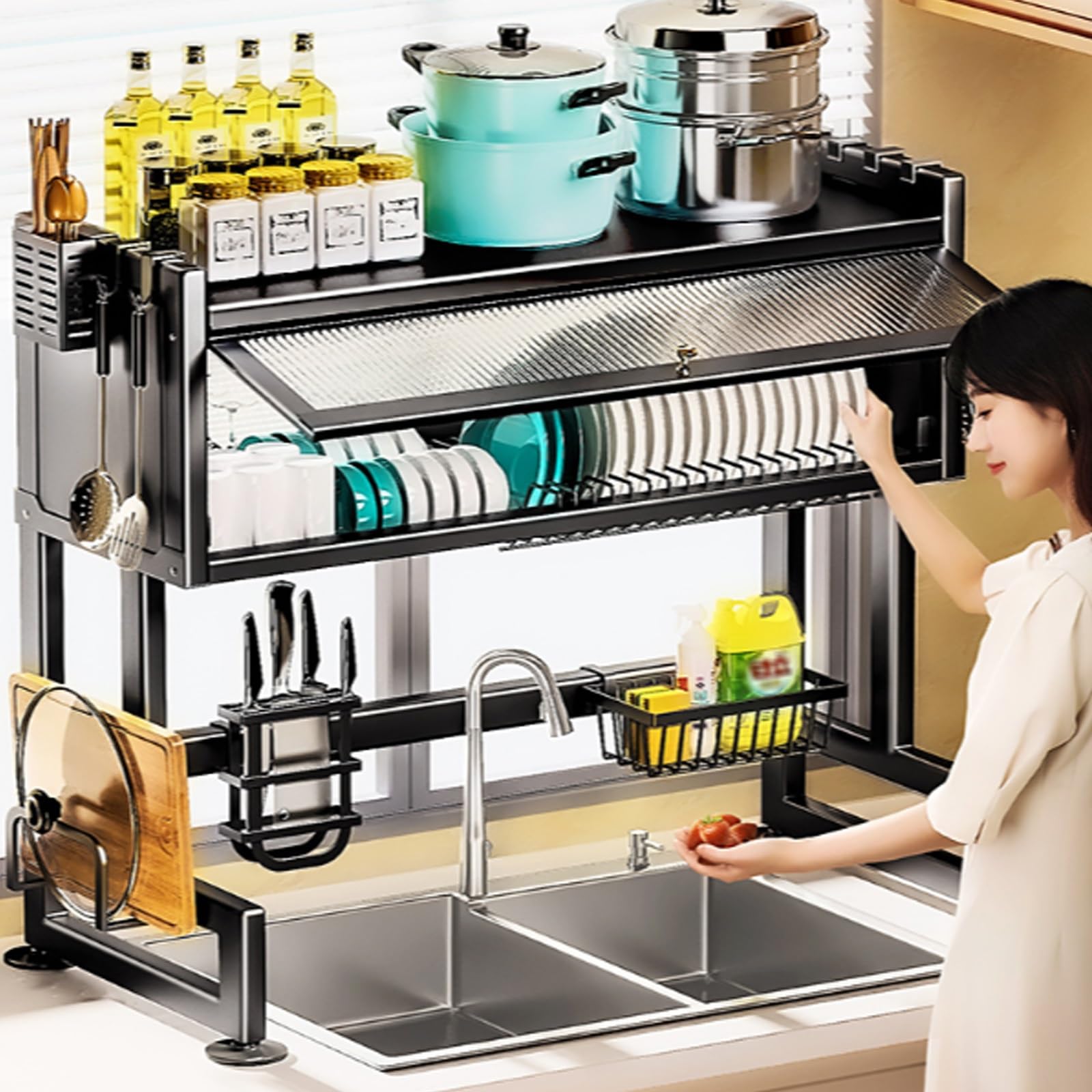 Escurridor De Platos De 3 Niveles para Colocar sobre El Fregadero, De Acero Inoxidable Blanco De 85 Cm con Puertas Abatibles, Organizador para Fregadero De Cocina. Black 85cm/33.5in