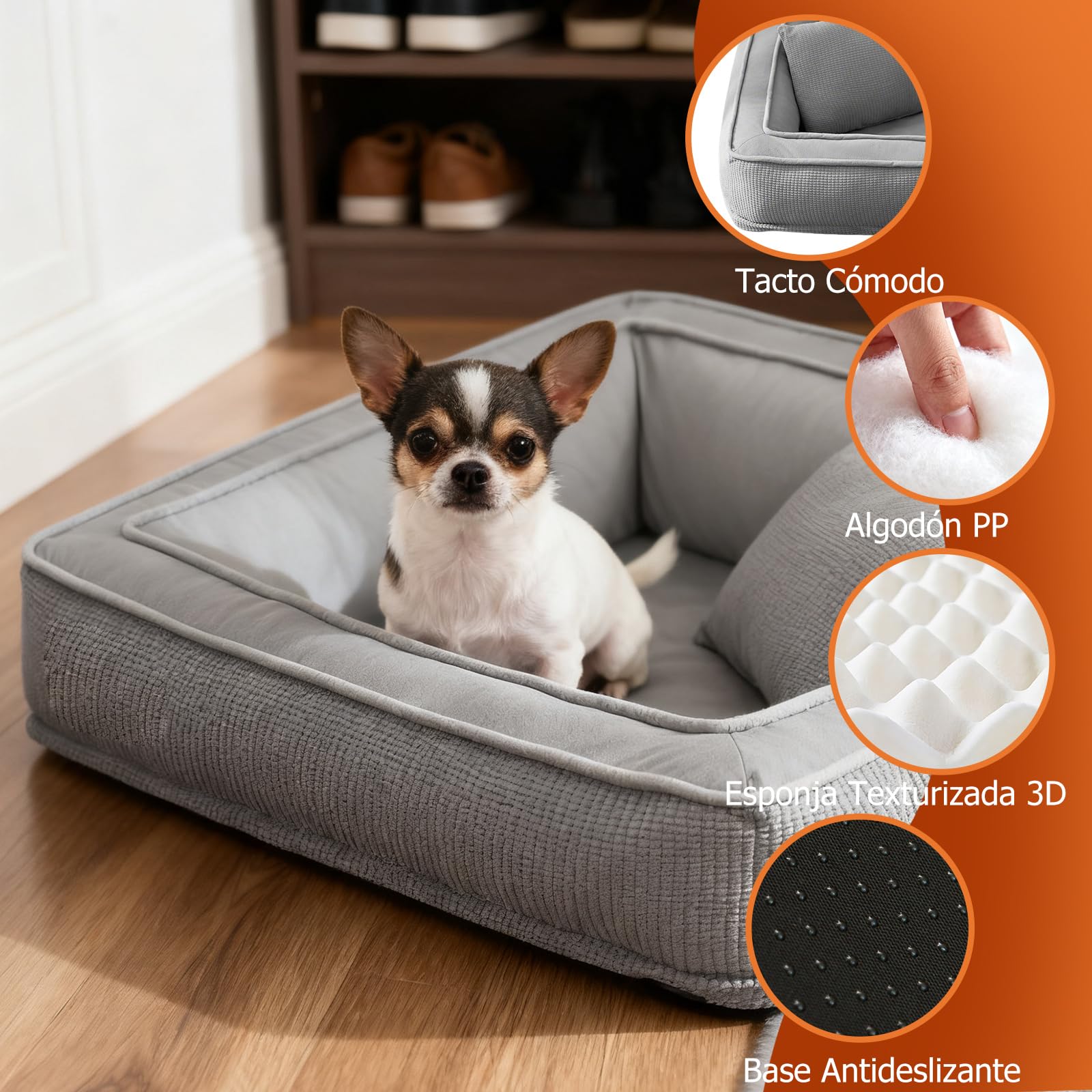 PETCUTE Camas Perro Ortopédica,Impermeable Cama para Perros,Colchoneta Perro con Funda Extraíble y Lavable, Almohada,Cama para Mascotas con Fondo Antideslizante,Bordes Elevados,Gris,XL