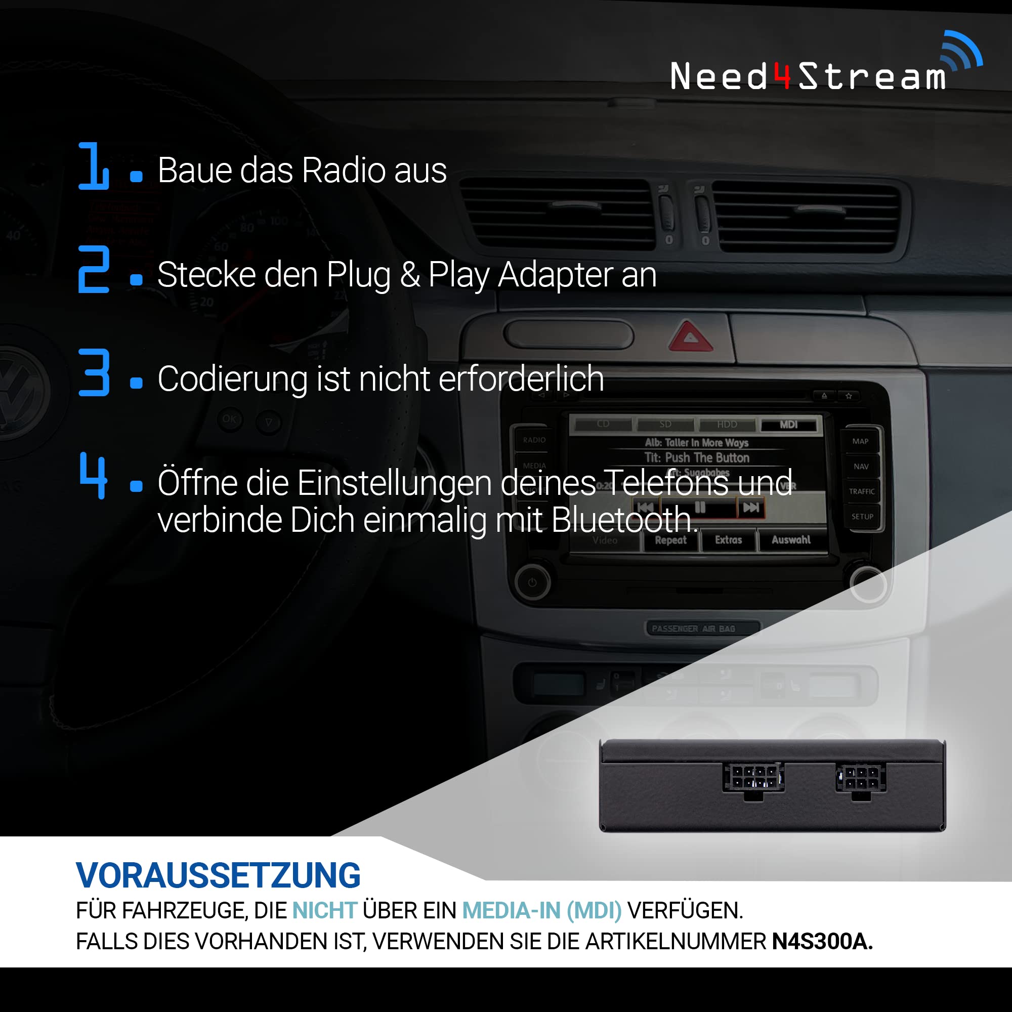 N4S79431 Adattatore Bluetooth Auto compatibile con VW, Skoda e Seat, adattatore audio con display del titolo per RCD/RNS adatto a iPhone e Android