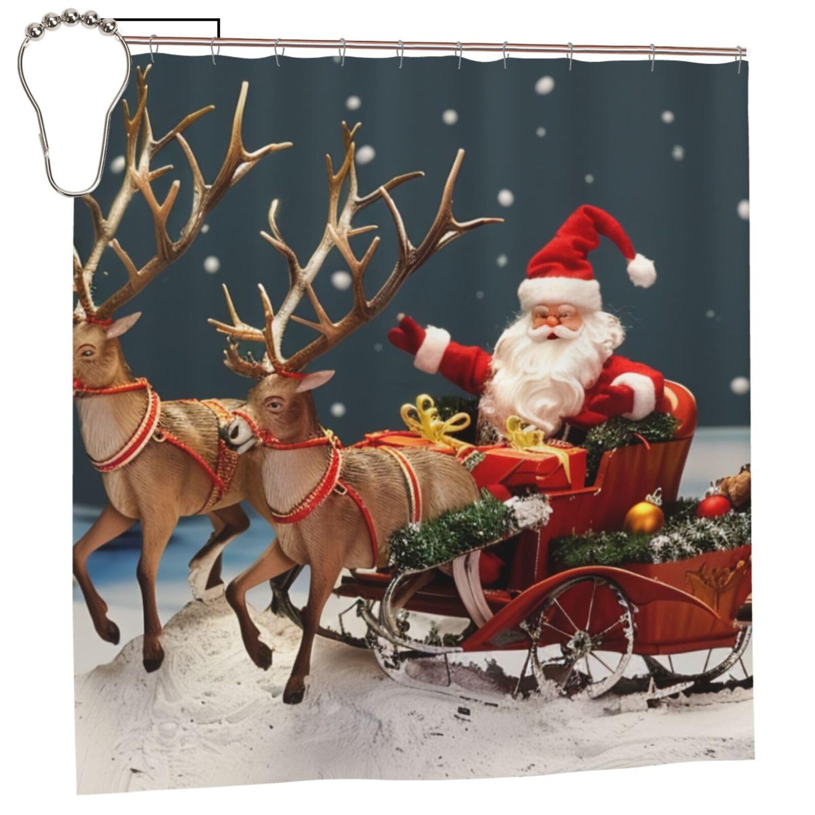 BWWHCCTI Merry Christmas Art Printed Shower Curtain With 12 Iron Hooks Opaque Quick Drying Waterproof Shower Curtains Sets For Bathroom 183x183 CM