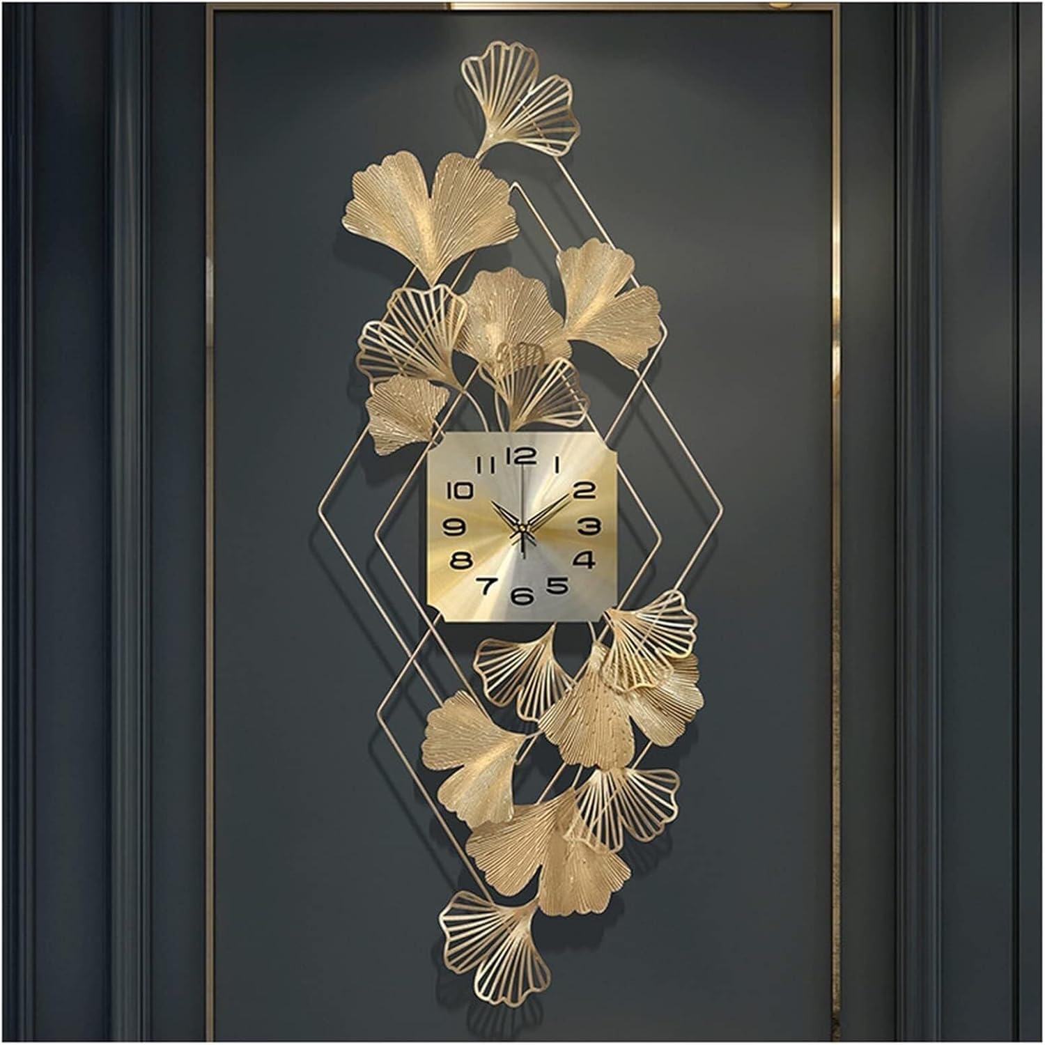 SaryEdge Wall Clock Modern Art Large Wall Clock No-Ticking Silent Wall Clocks,Modern Metal Ginkgo Leaf Art Wall Decor for Living Room Cafe Restaurant Clock,Gold,36 * 85Cm Wall Dec,