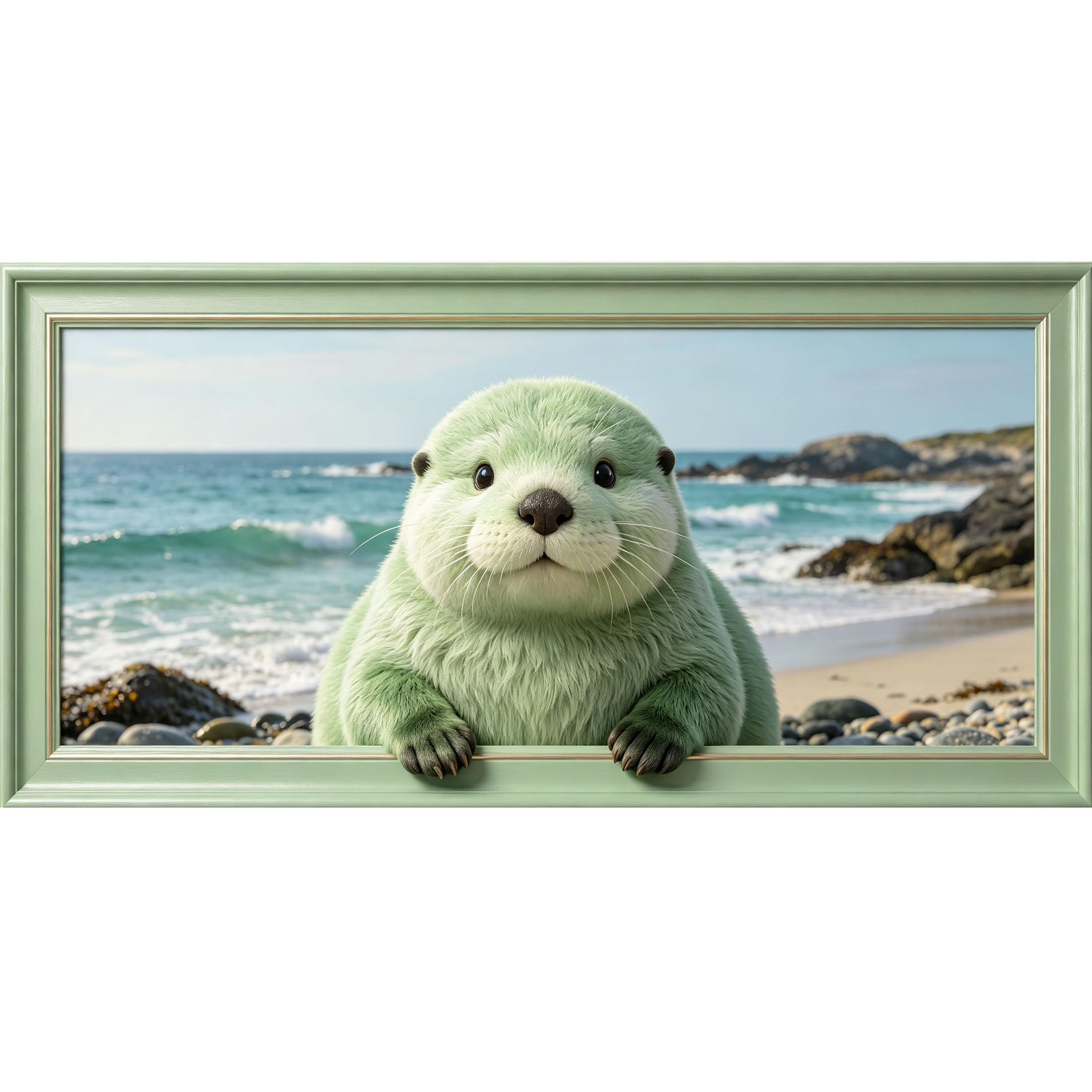 Agglomerix 3D Framed Wall Art Cute Otter Coastal Ocean Beach Waves Rocks Self-Adhesive Removable Wall Decor Prints Artwork for Living Bed room Office