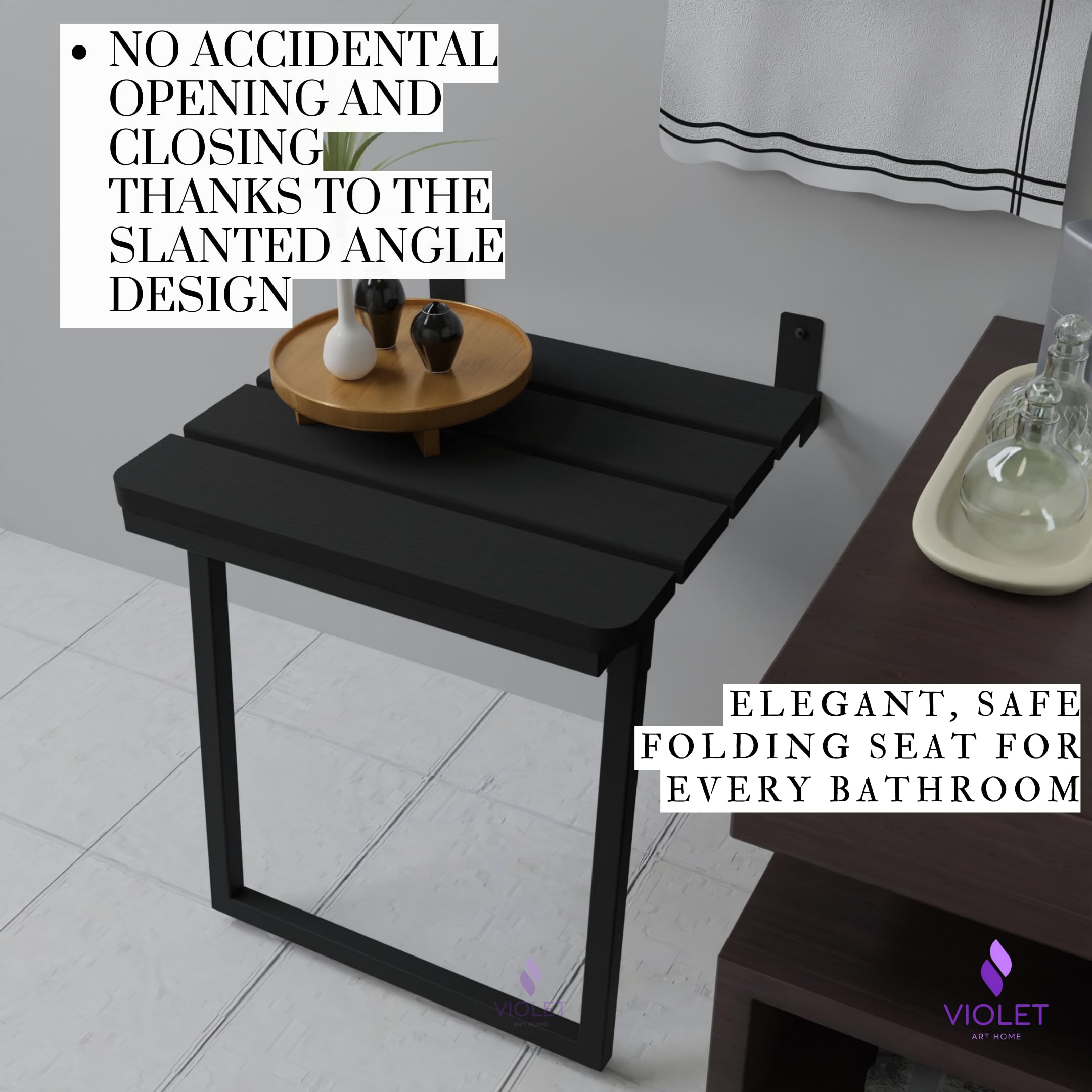 Asiento de ducha plegable de madera de teca con patas, banco de baño duradero compatible con ADA, taburete de baño resistente que ahorra espacio, silla compacta hecha a mano fácil de plegar (negro