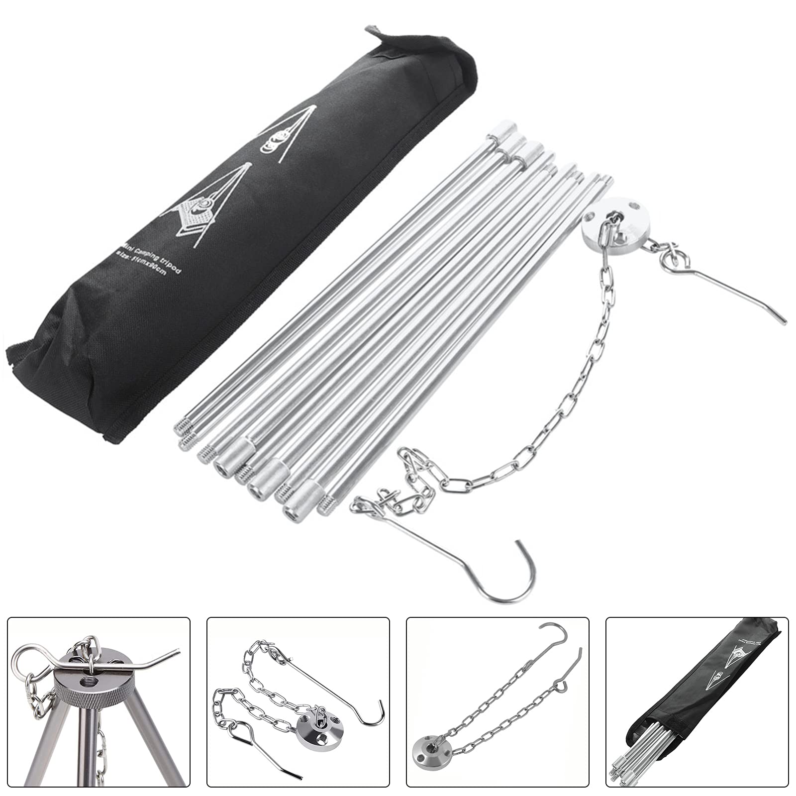 BBQ Dreibein Gestell,Dreibein Teleskopgestell Grillständer,Kochen im Freien Stativ Set Klapp Lagerfeuer Grillrost Stand Camping, Hängegrill Camping Stativ Mit Kette & Haken (B)