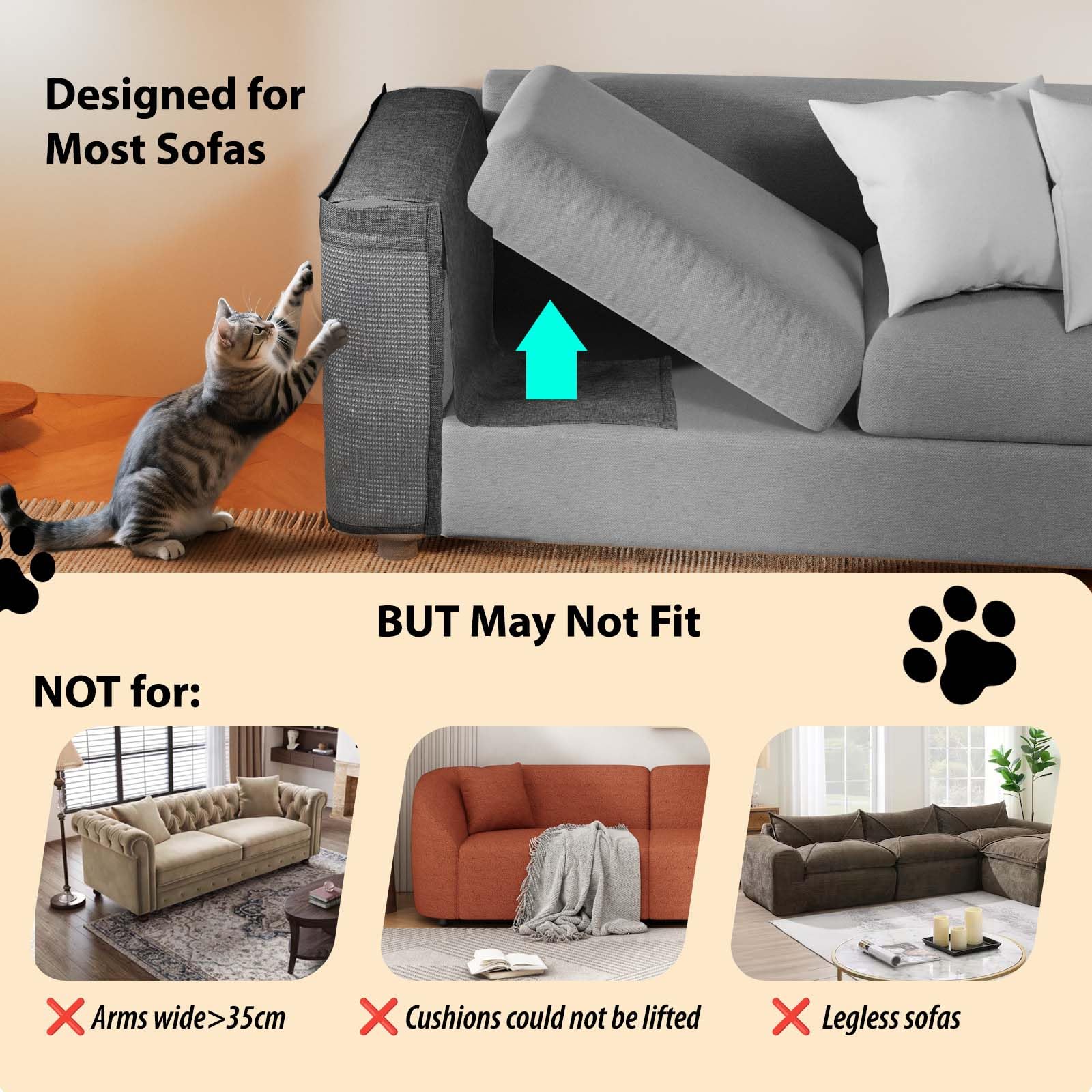 Protector de arañazos de gato para sofá, protector de sofá más grande de garras de gato, apto para ambos lados del sofá, rascador de esquina de sofá con cobertura ampliada, almohadilla de sisal a