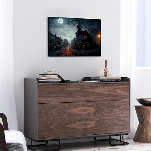 Miniatura 138 de Denozer Lienzo decorativo para pared de Halloween, castillo de terror de 32 x 24 pulgadas, decoración de pared de luna, decoración de otoño de Obra