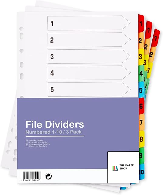 [3 Pack] A4 File Dividers 10 Part Numbered 1-10 | A4 Subject Dividers 10 Part Numbered 1-10 with Multipunched Reinforced Colour Tabs 150gsm
