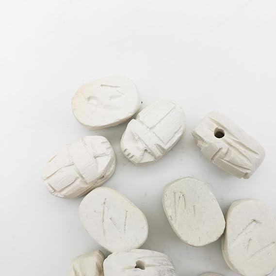 Egyptian Scarab Beads Set of 12 Small - Horizontal Drilled - White Hand-Carved Soapstone - Ancient Egypt Hieroglyphs - Made in Egypt