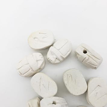 Egyptian Scarab Beads Set of 12 Small - Horizontal Drilled - White Hand-Carved Soapstone - Ancient Egypt Hieroglyphs - Made in Egypt
