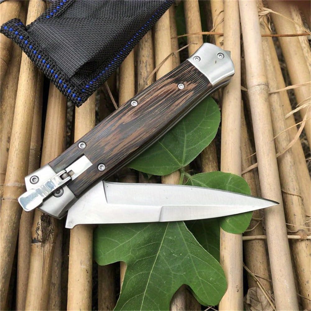 HUAAO Manually Operated Button-lock Knife, Folding Pocket knives For Men, 440C Blade, chicken-wing wood handle With Deep Carry Pocket Clip,EDC Outdoor Camping Tool