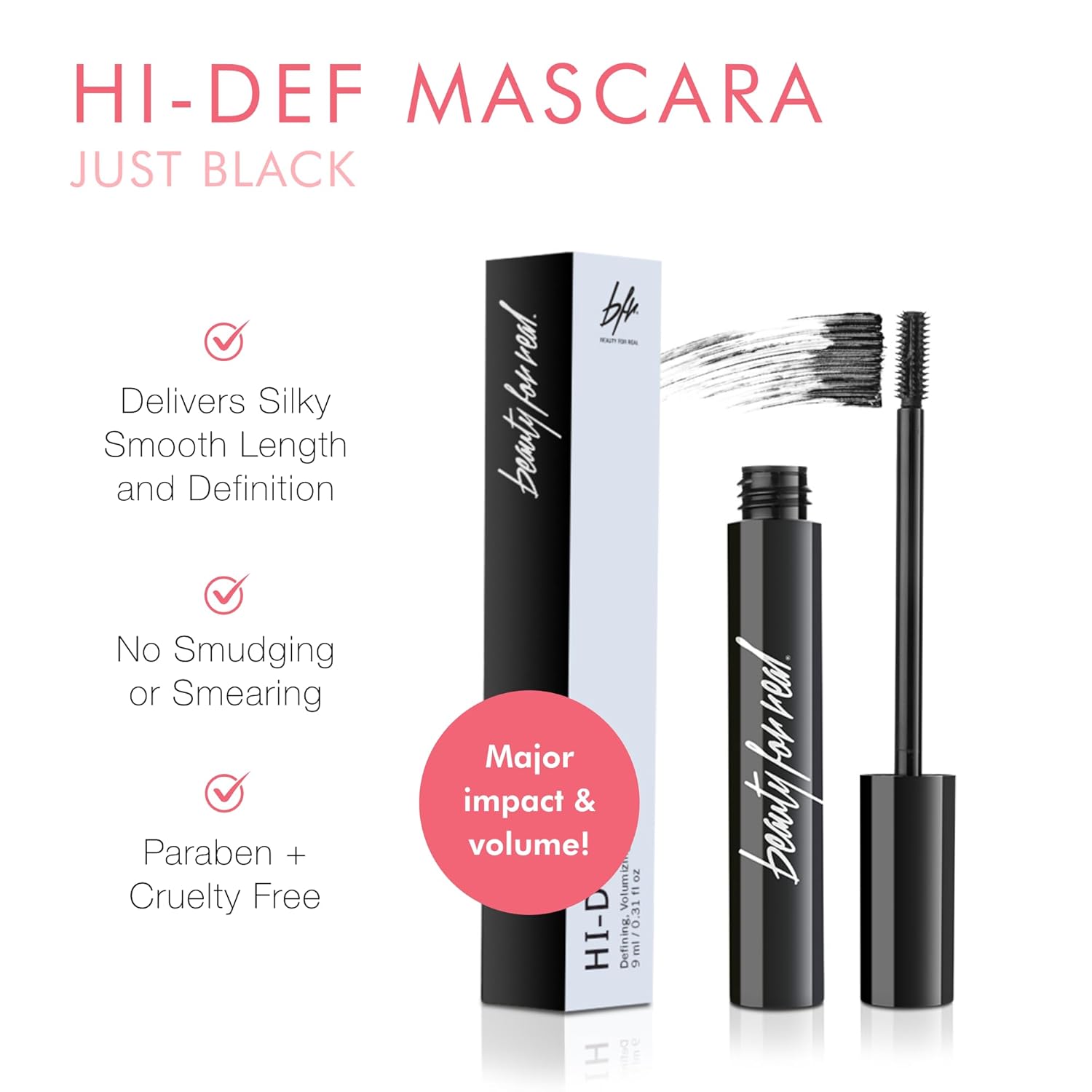 Beauty for Real Hi-Def Mascara, Just Black - Set of 3 - Defining & Volumizing Lash Definer - Humidity & Smudge Proof - Micro Brush Ensures Versatile Application - 2.3 oz