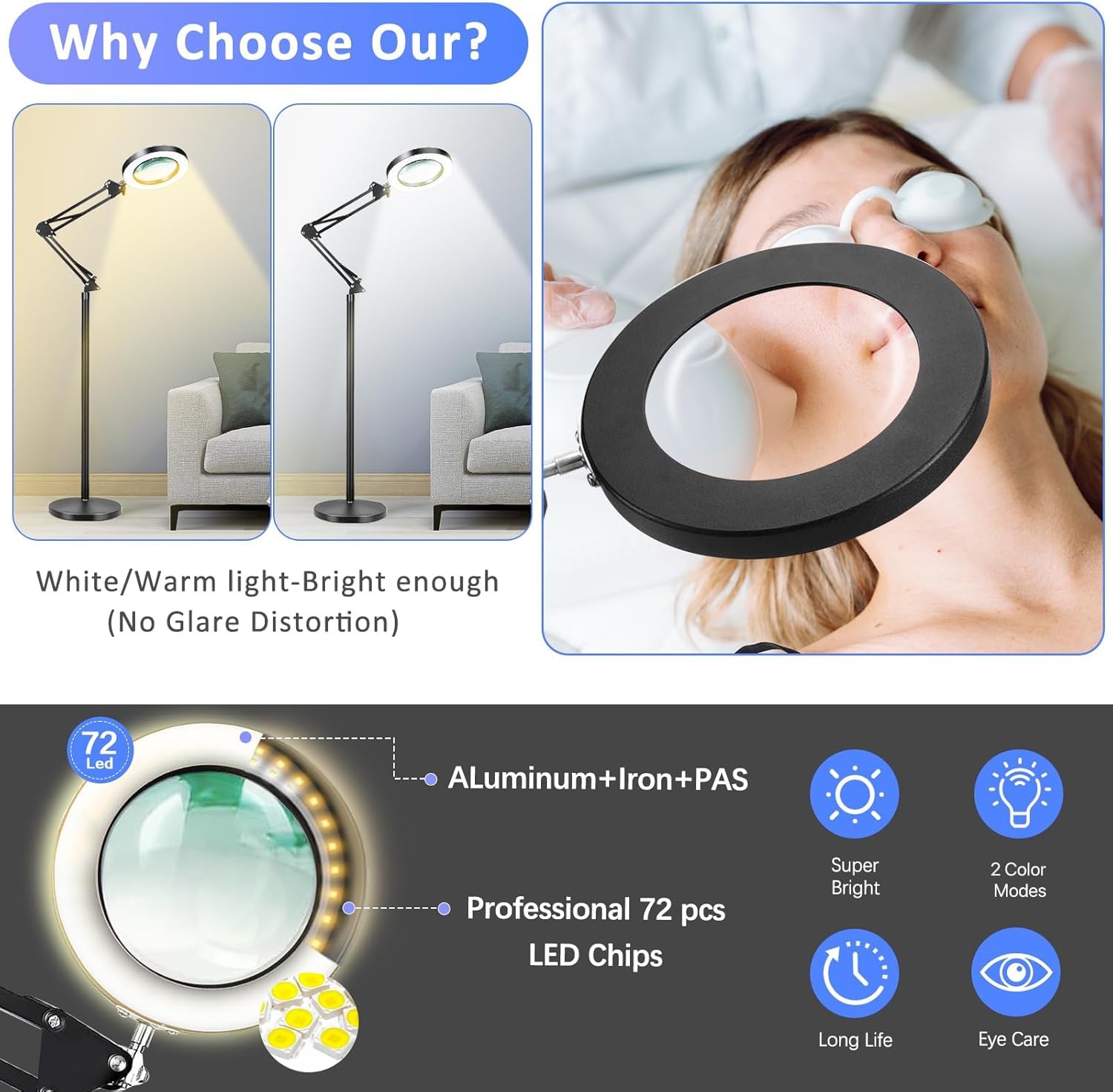 Lente d'ingrandimento da pavimento grande 10X con luce e supporto, 3 in 1 regolabile in altezza con lente d'ingrandimento illuminata, lampada da terra a 72 LED, 5 colori, dimmerabile